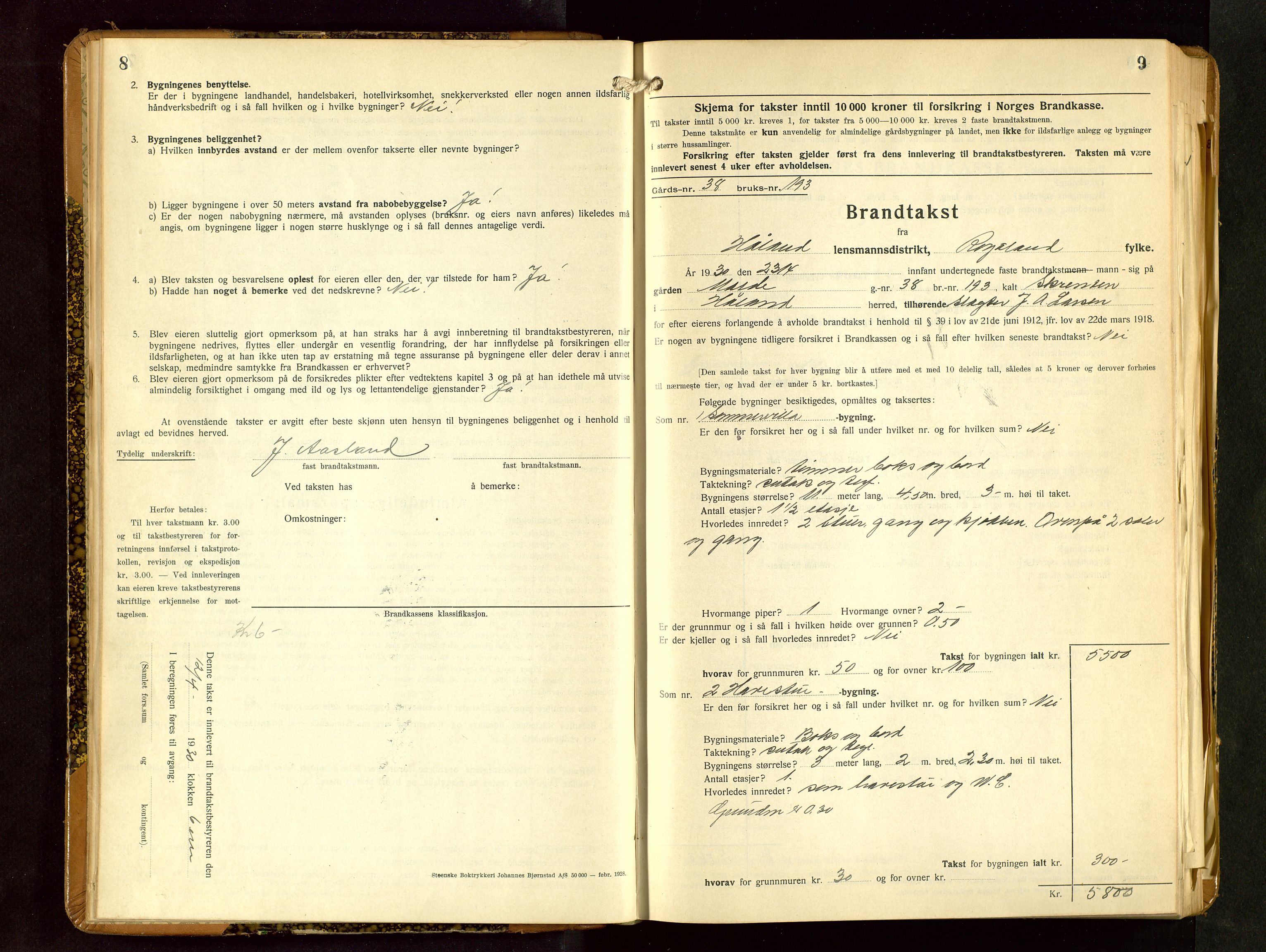 Håland lensmannskontor, SAST/A-100100/Gob/L0009: Branntakstprotokoll - skjematakst. Register i boken., 1930-1933, p. 8-9