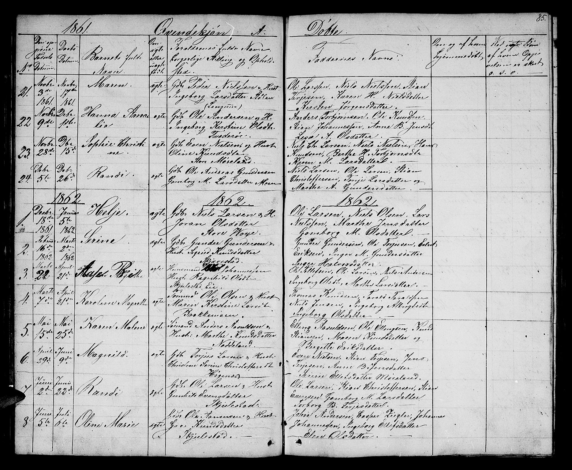 Austre Moland sokneprestkontor, AV/SAK-1111-0001/F/Fb/Fba/L0001: Parish register (copy) no. B 1, 1842-1868, p. 85