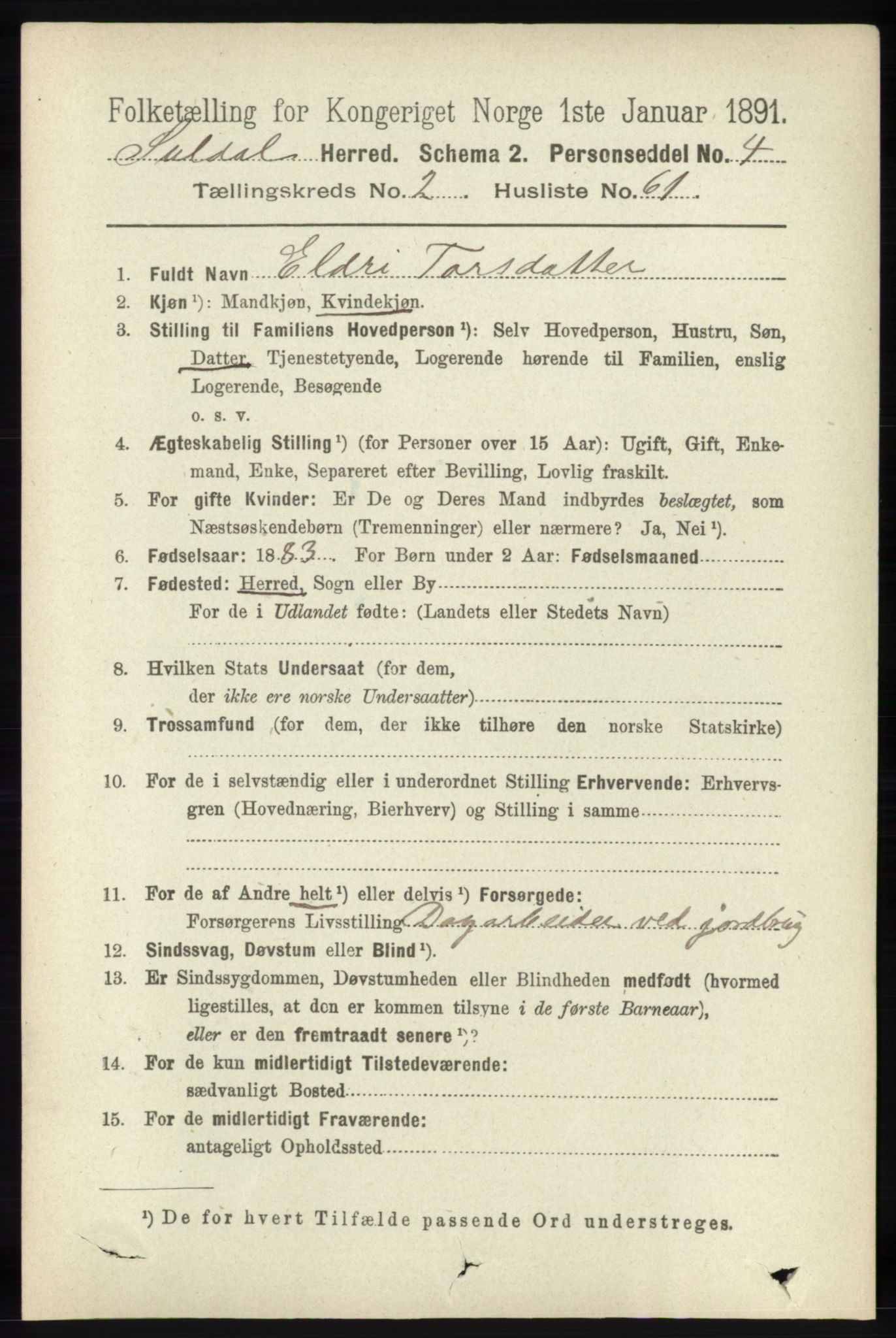 RA, 1891 census for 1134 Suldal, 1891, p. 578