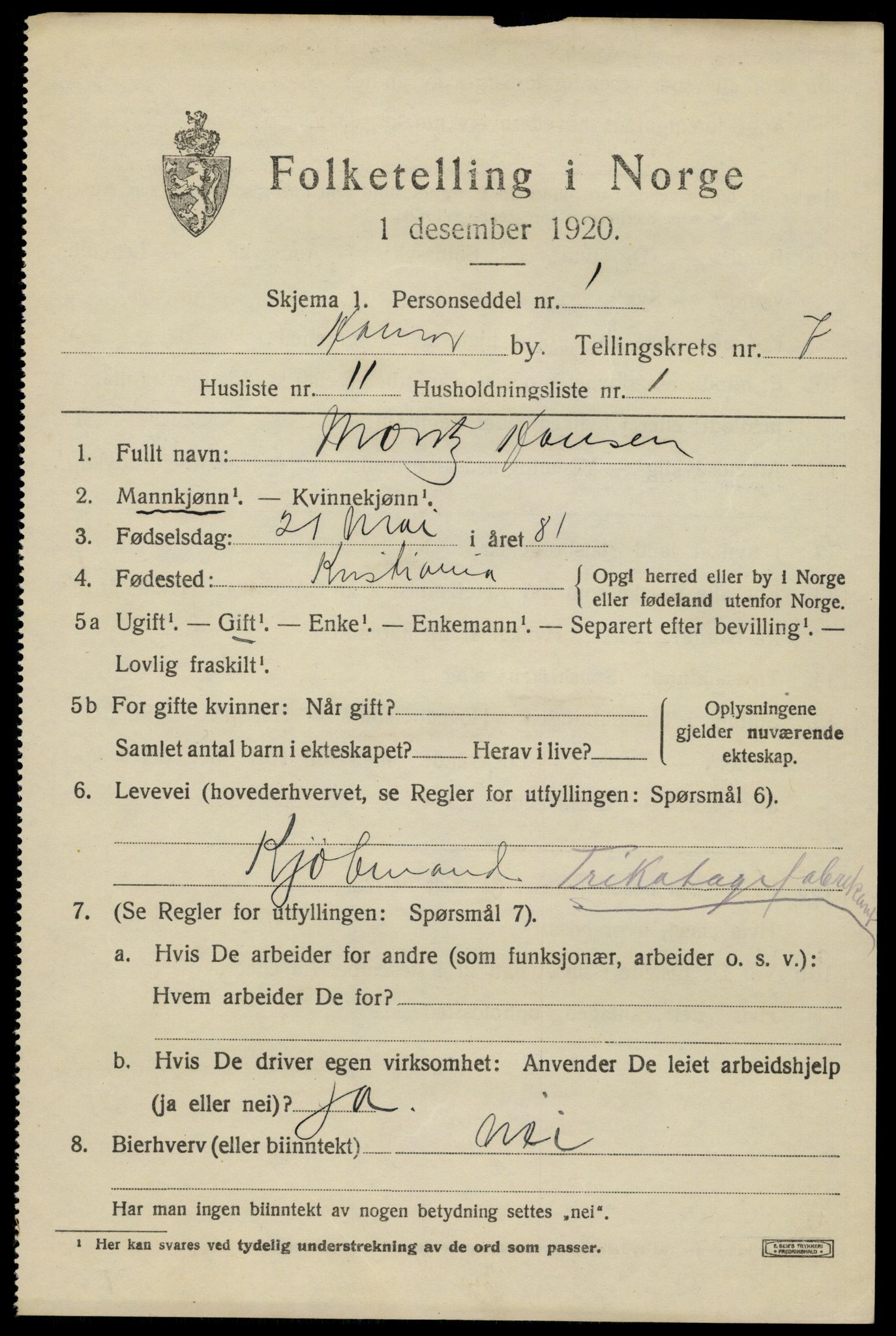 SAH, 1920 census for Hamar, 1920, p. 12989