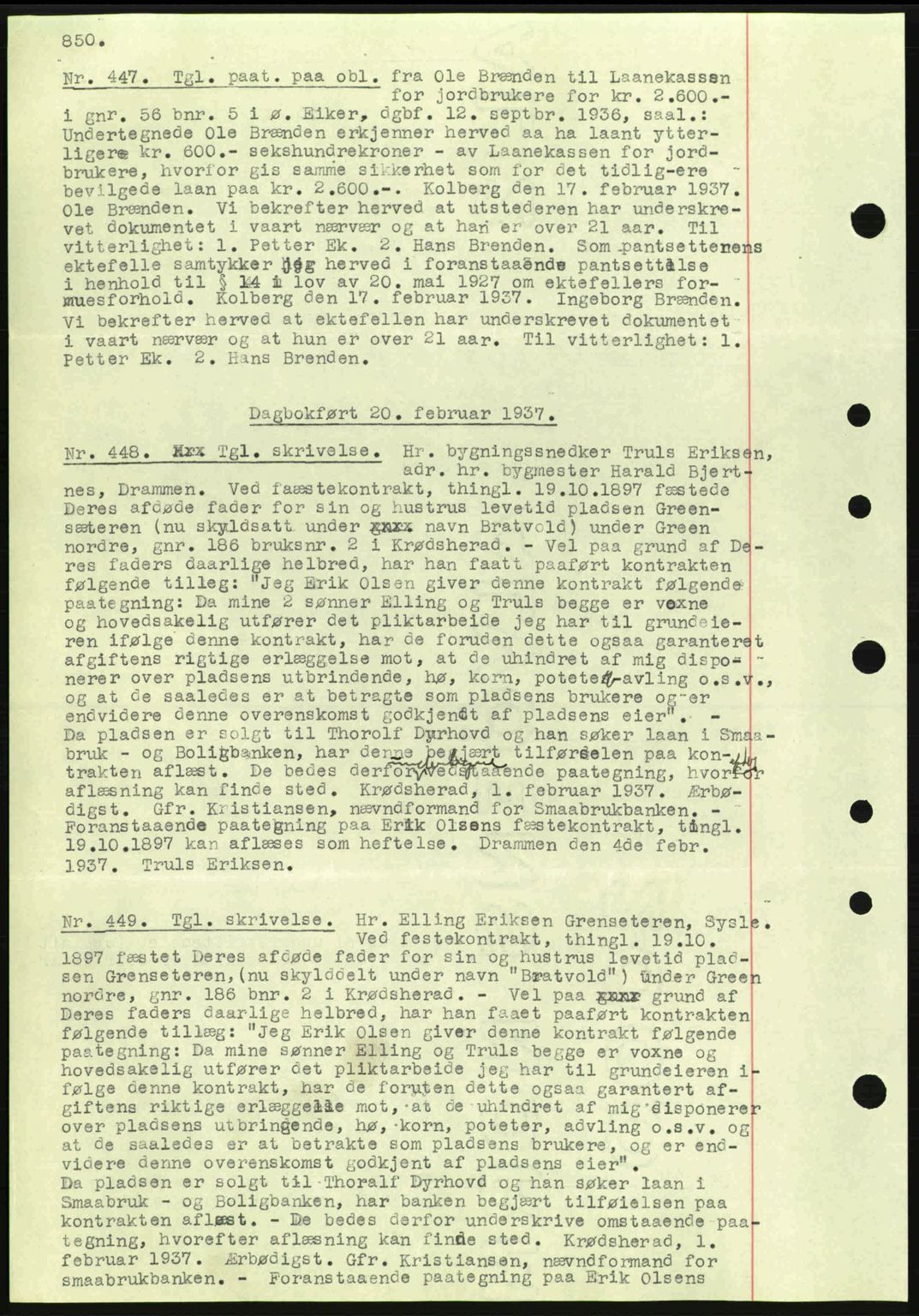 Eiker, Modum og Sigdal sorenskriveri, SAKO/A-123/G/Ga/Gab/L0034: Mortgage book no. A4, 1936-1937, Diary no: : 447/1937