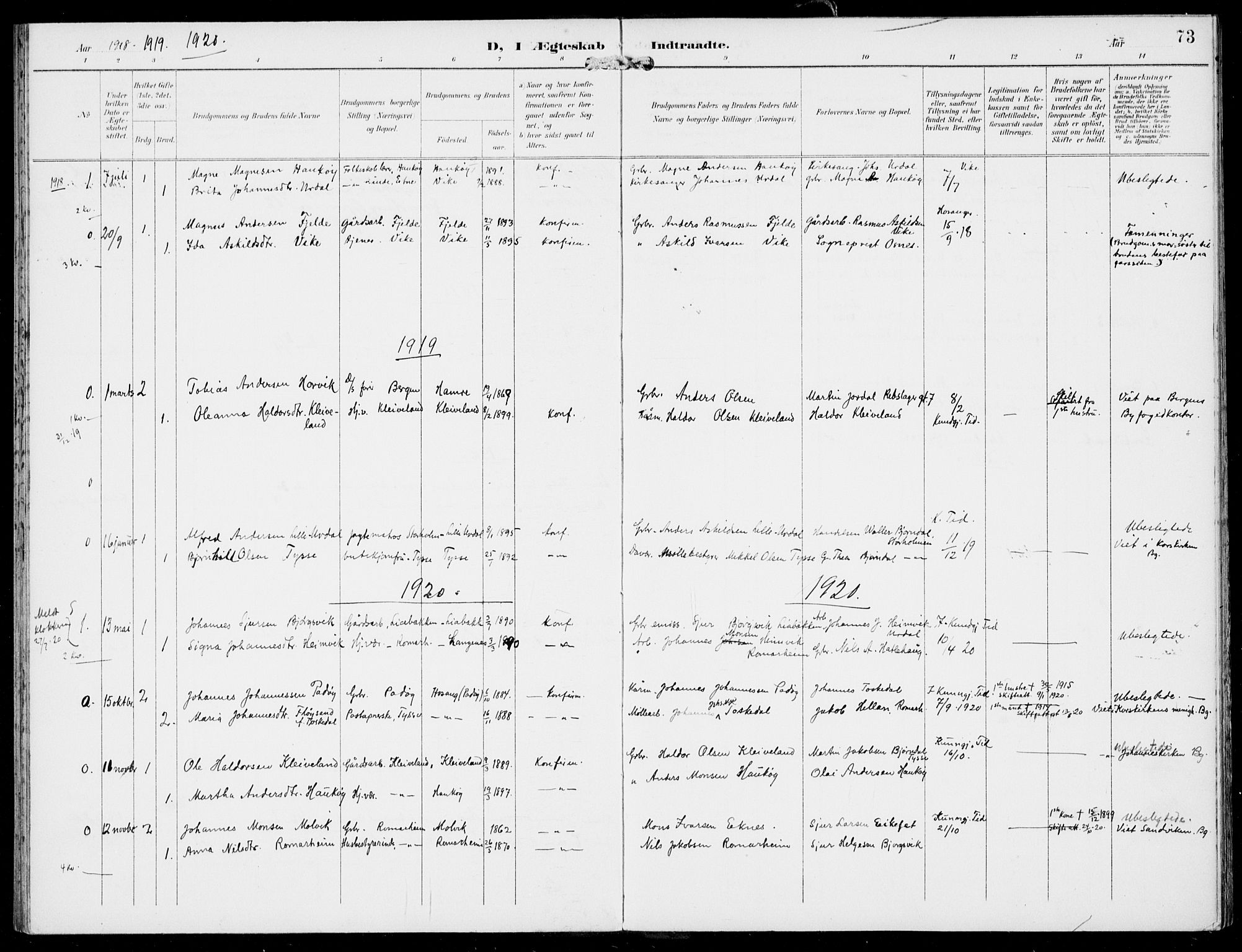 Hosanger sokneprestembete, AV/SAB-A-75801/H/Haa: Parish register (official) no. D  1, 1896-1922, p. 73