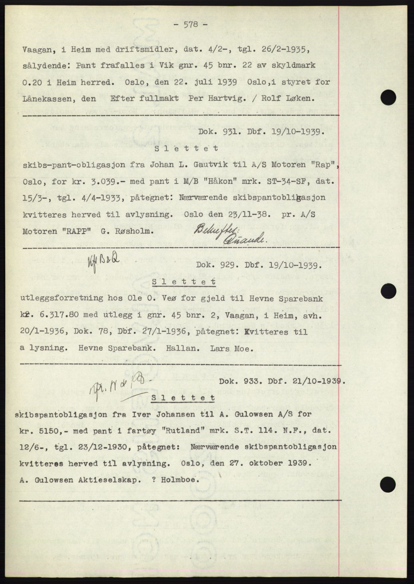 Hitra sorenskriveri, AV/SAT-A-0018/2/2C/2Ca: Mortgage book no. C1, 1936-1945, Diary no: : 931/1939