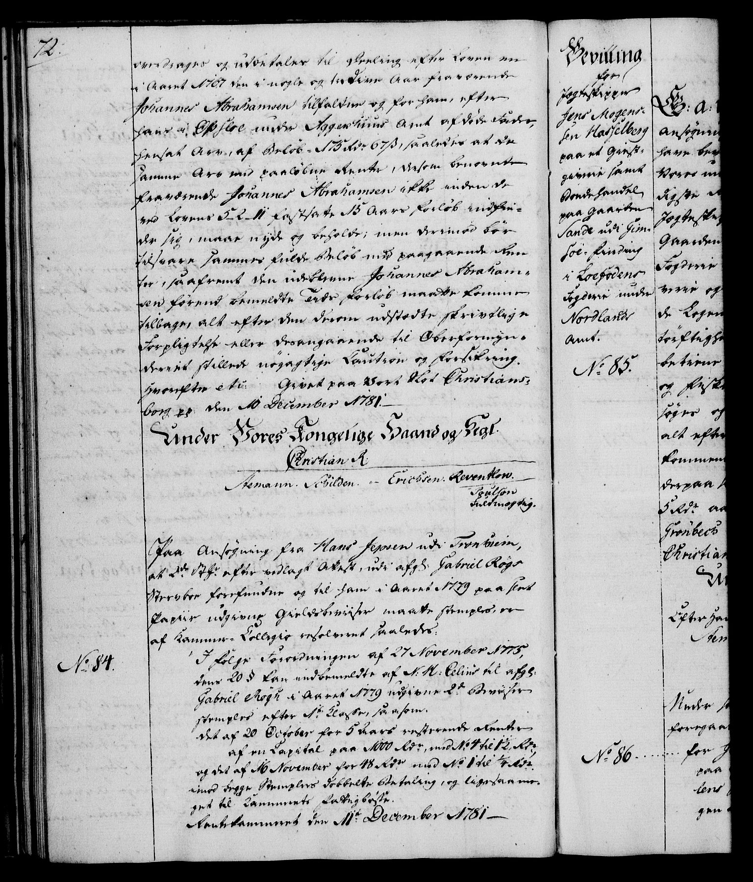 Rentekammeret, Kammerkanselliet, RA/EA-3111/G/Gg/Gga/L0012: Norsk ekspedisjonsprotokoll med register (merket RK 53.12), 1781-1783, p. 72