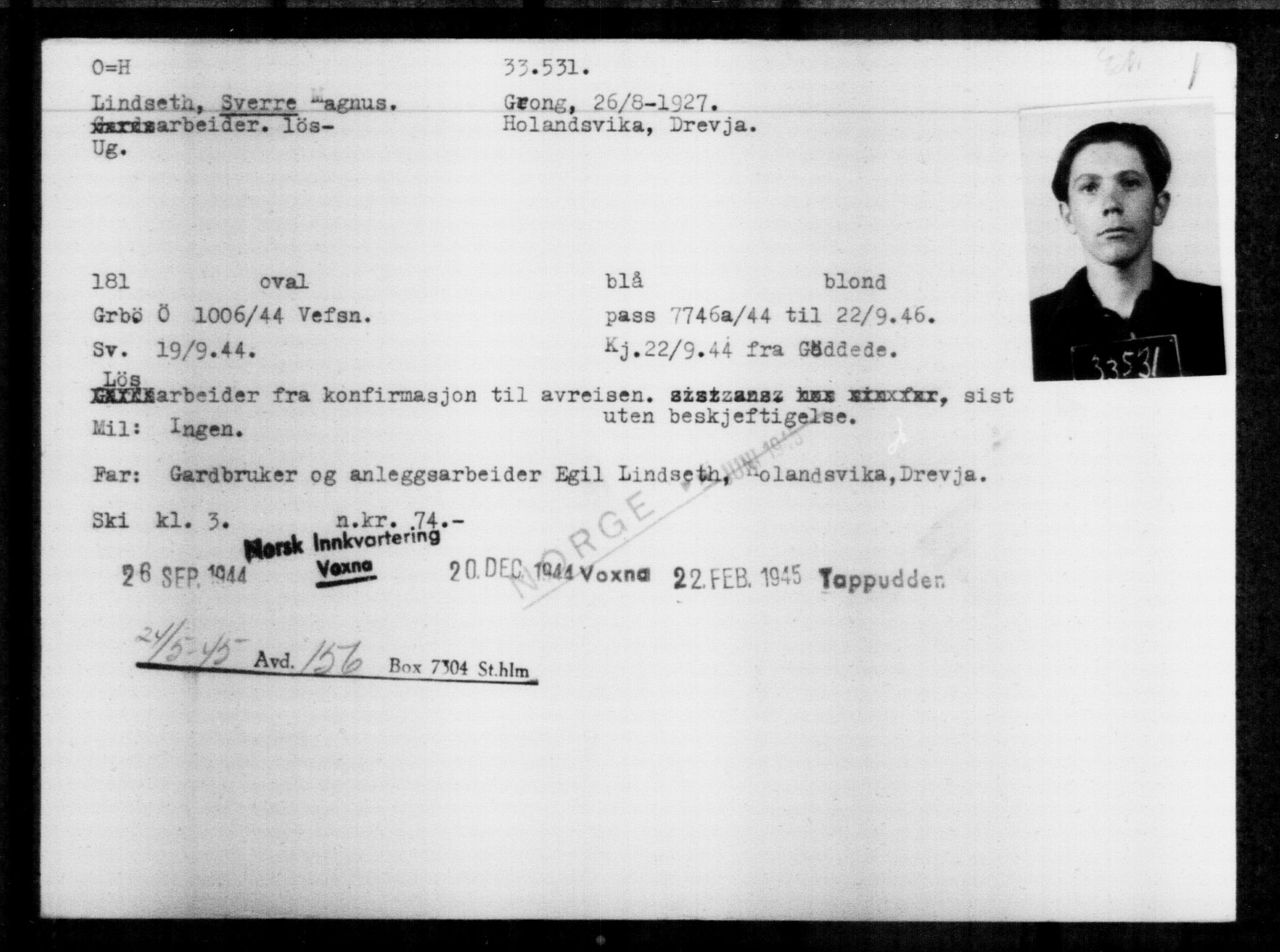 Utenriksstasjonene, Legasjonen i Stockholm, Flyktningkontoret, AV/RA-S-6753/V/Va/L0013: Kjesäterkartoteket, flyktninger med registreringsnr. 31500-34731, 1940-1945, p. 2141