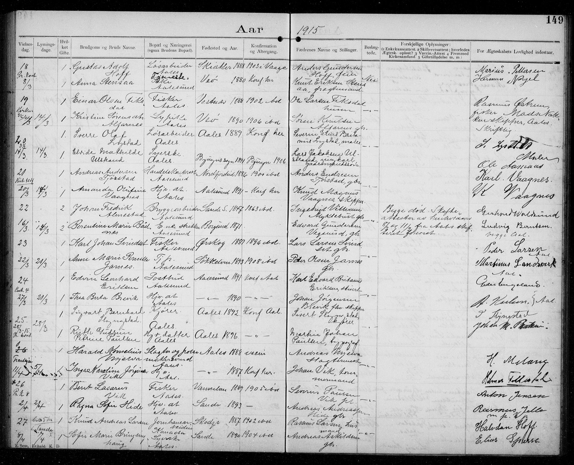 Ministerialprotokoller, klokkerbøker og fødselsregistre - Møre og Romsdal, AV/SAT-A-1454/529/L0458: Banns register no. 529A08, 1901-1918, p. 149