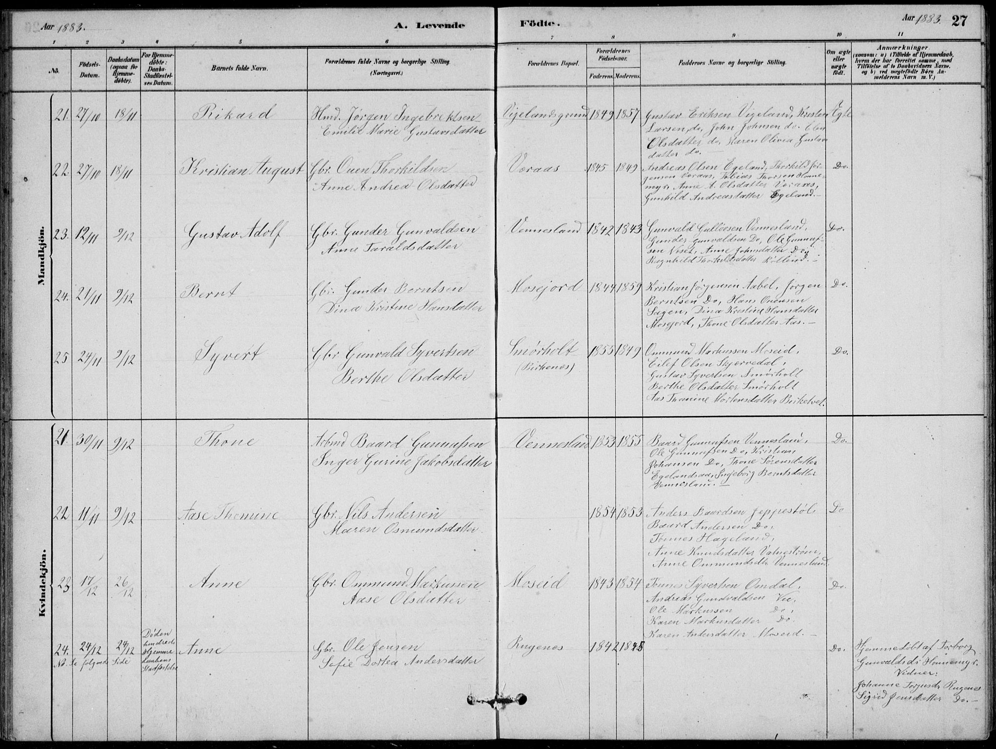 Vennesla sokneprestkontor, AV/SAK-1111-0045/Fb/Fbb/L0003: Parish register (copy) no. B 3, 1879-1893, p. 27