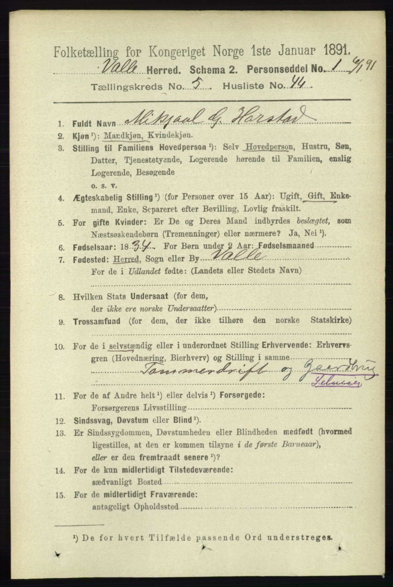 RA, 1891 census for 0940 Valle, 1891, p. 1627