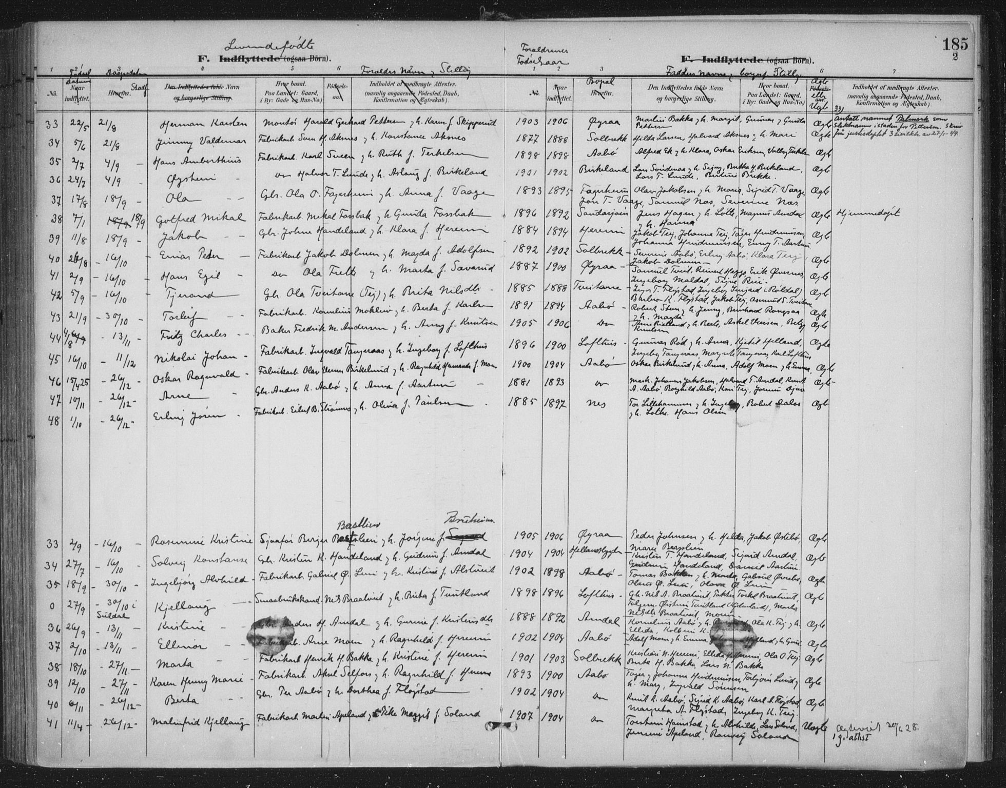 Sand sokneprestkontor, AV/SAST-A-101848/03/C/L0001: Parish register (official) no. A 7, 1899-1928, p. 185