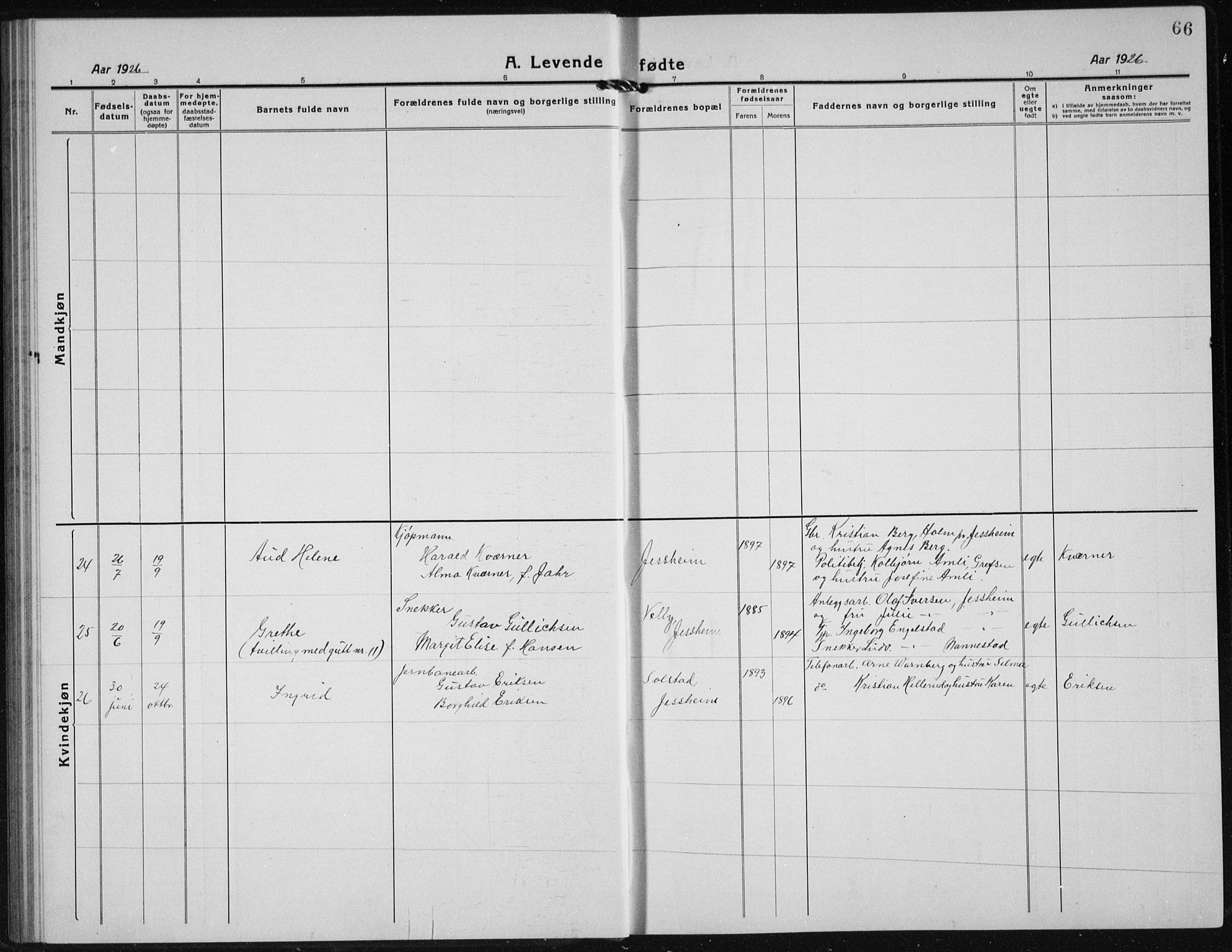 Ullensaker prestekontor Kirkebøker, AV/SAO-A-10236a/G/Gb/L0002: Parish register (copy) no. II 2, 1917-1941, p. 66