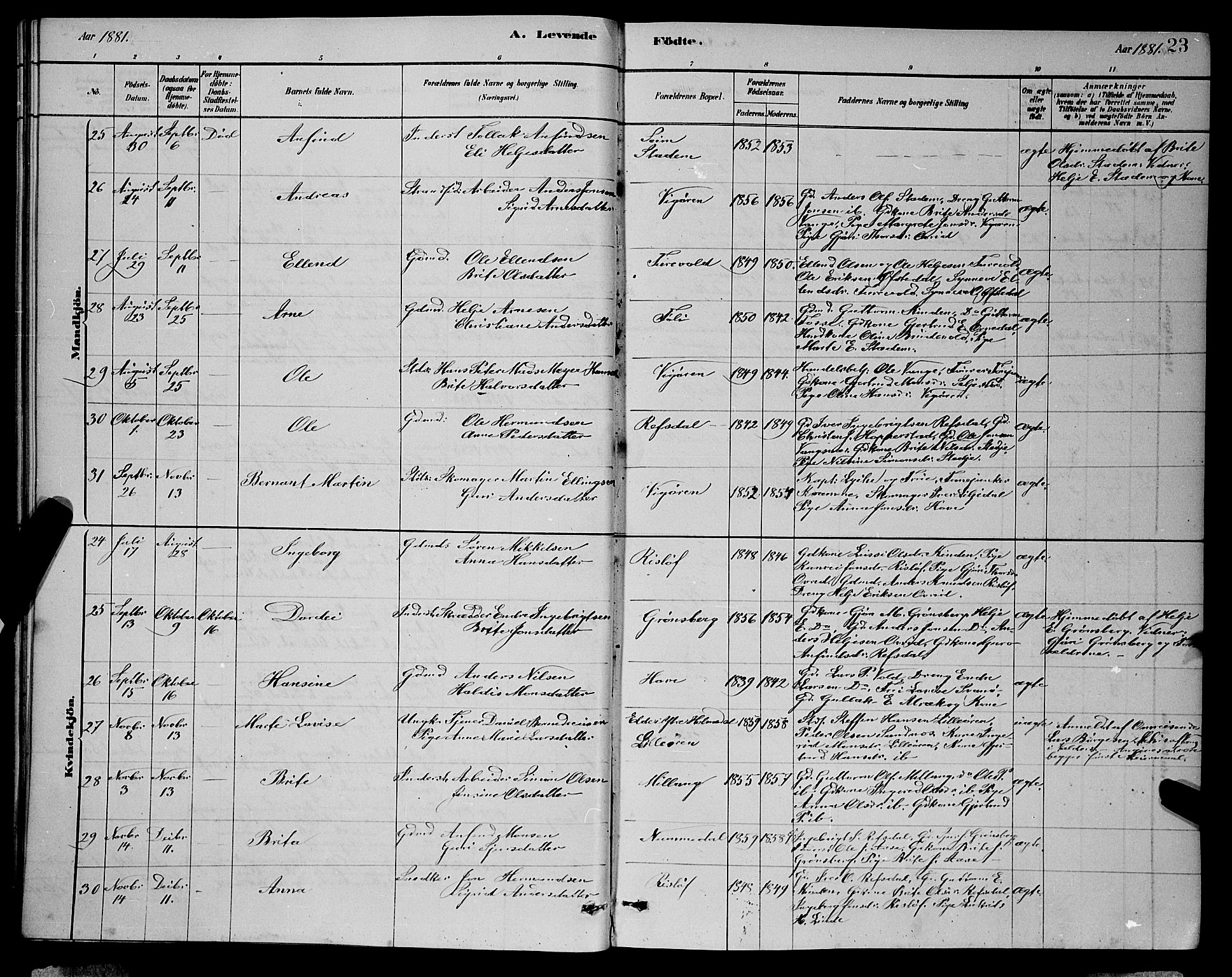 Vik sokneprestembete, AV/SAB-A-81501/H/Hab/Haba/L0003: Parish register (copy) no. A 3, 1878-1894, p. 23