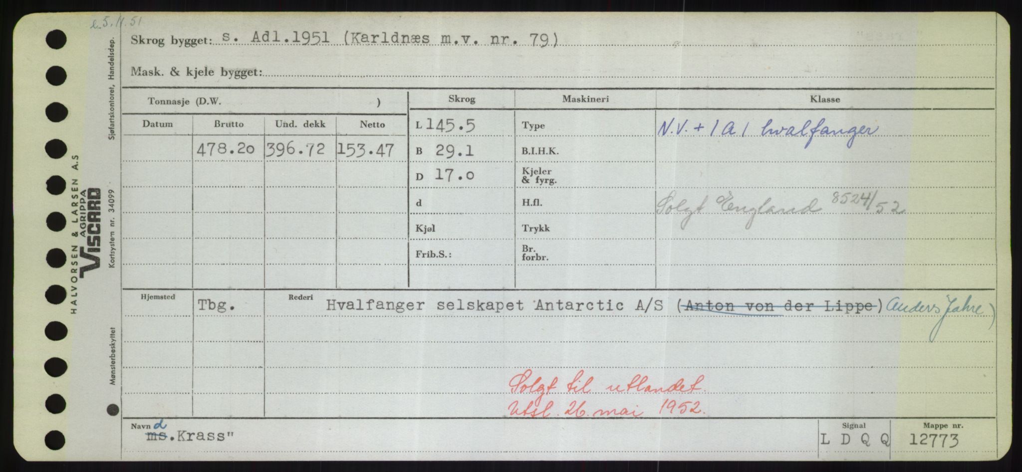 Sjøfartsdirektoratet med forløpere, Skipsmålingen, RA/S-1627/H/Hd/L0021: Fartøy, Kor-Kår, p. 143