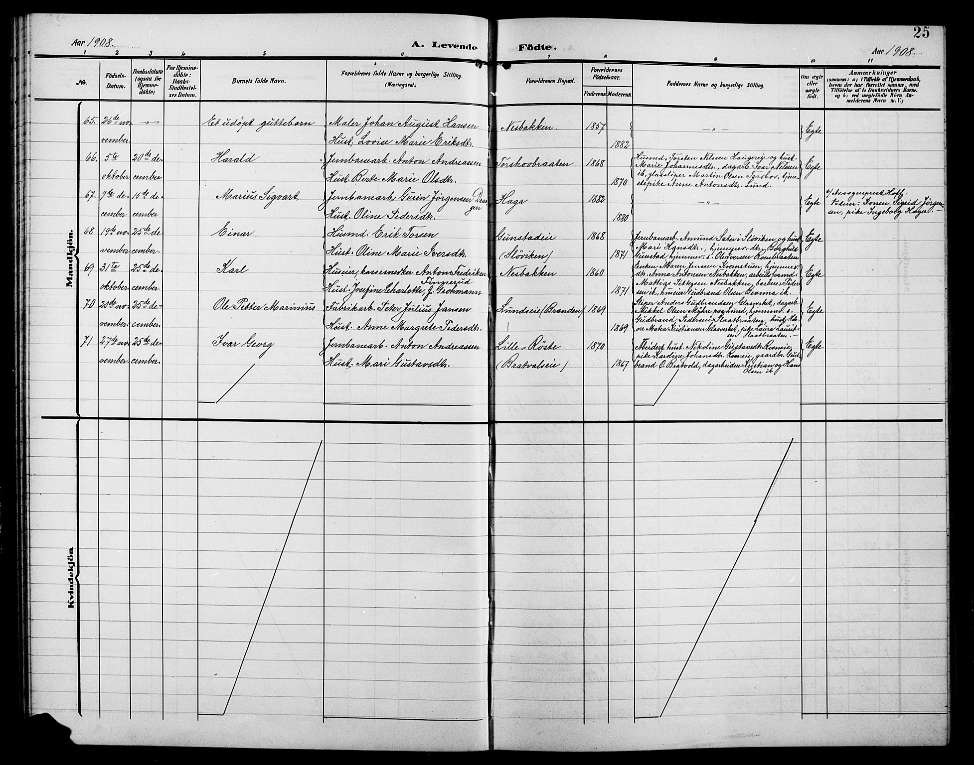 Jevnaker prestekontor, SAH/PREST-116/H/Ha/Hab/L0004: Parish register (copy) no. 4, 1907-1918, p. 25