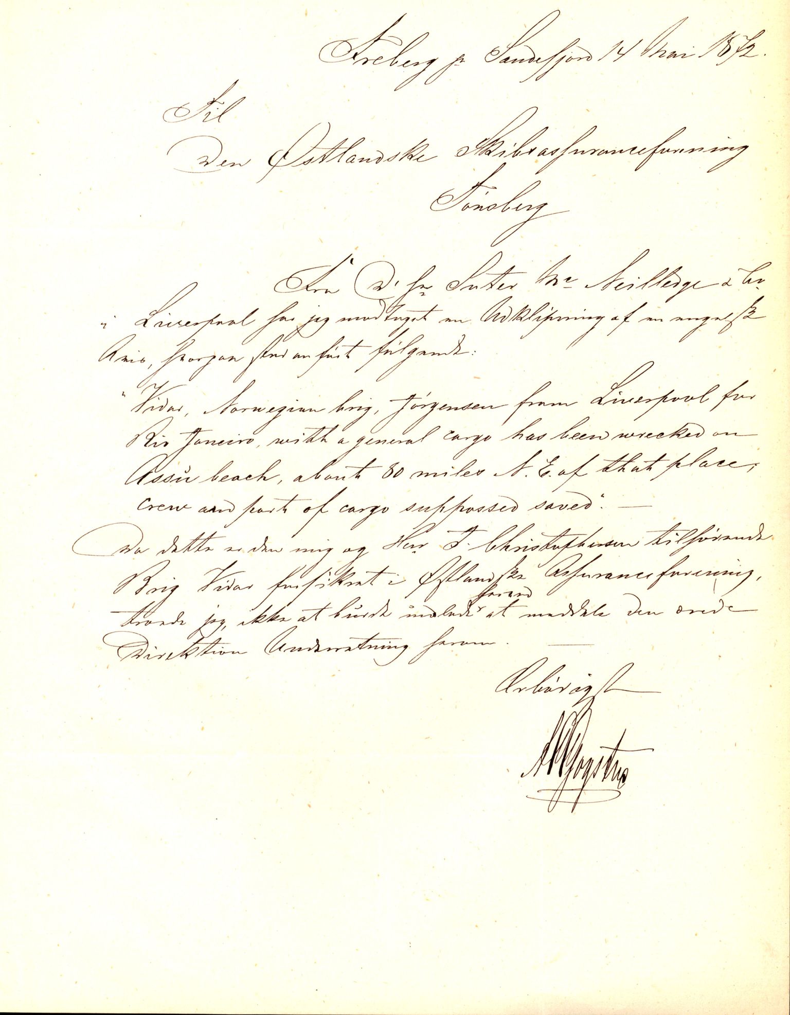 Pa 63 - Østlandske skibsassuranceforening, VEMU/A-1079/G/Ga/L0004/0009: Havaridokumenter / Nordlyset, 1872