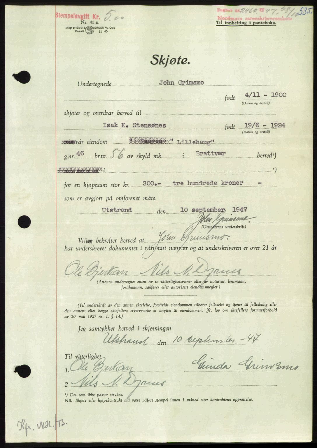 Nordmøre sorenskriveri, AV/SAT-A-4132/1/2/2Ca: Mortgage book no. A106, 1947-1947, Diary no: : 2462/1947