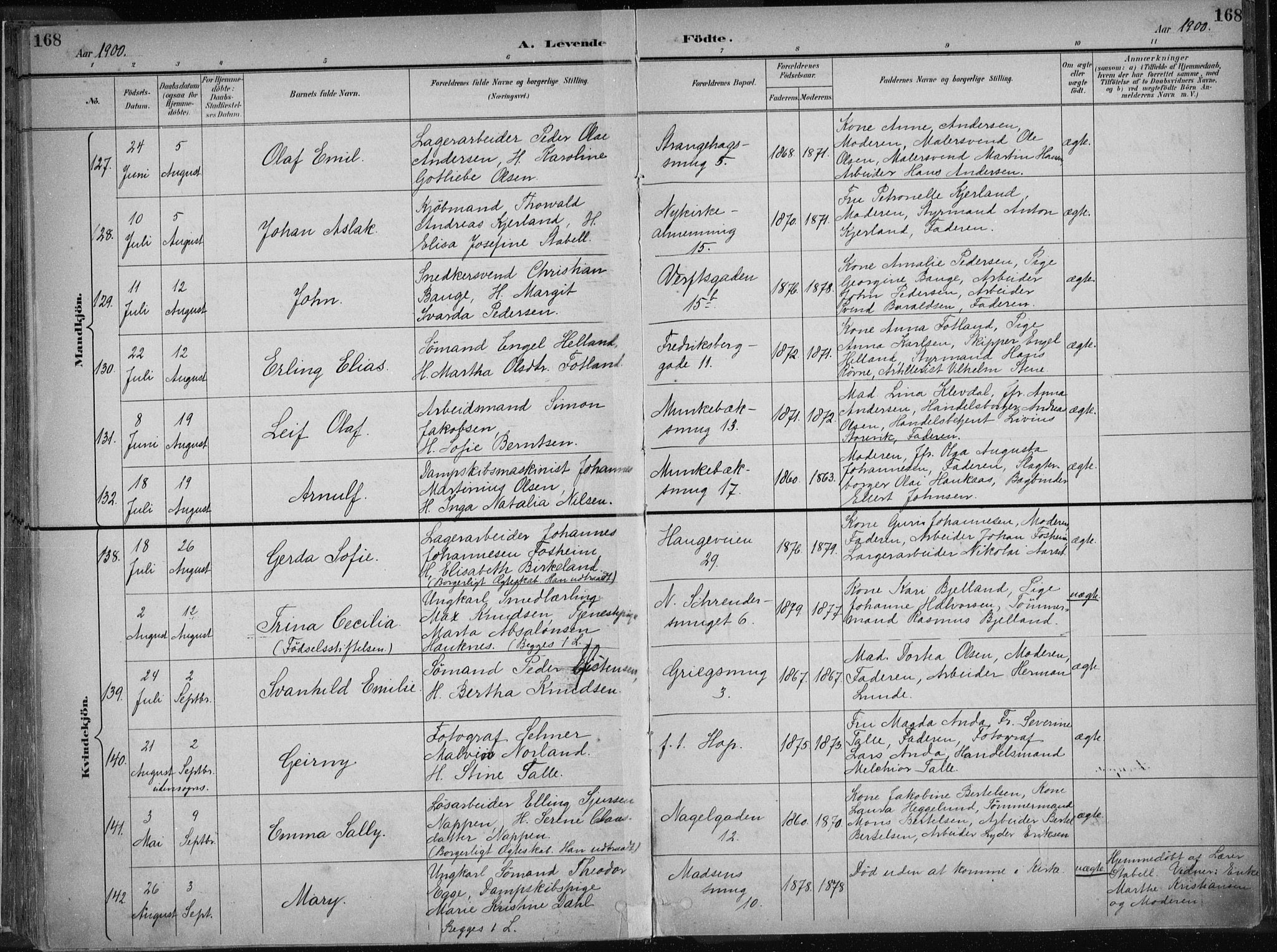 Nykirken Sokneprestembete, AV/SAB-A-77101/H/Haa/L0018: Parish register (official) no. B 6, 1895-1903, p. 168