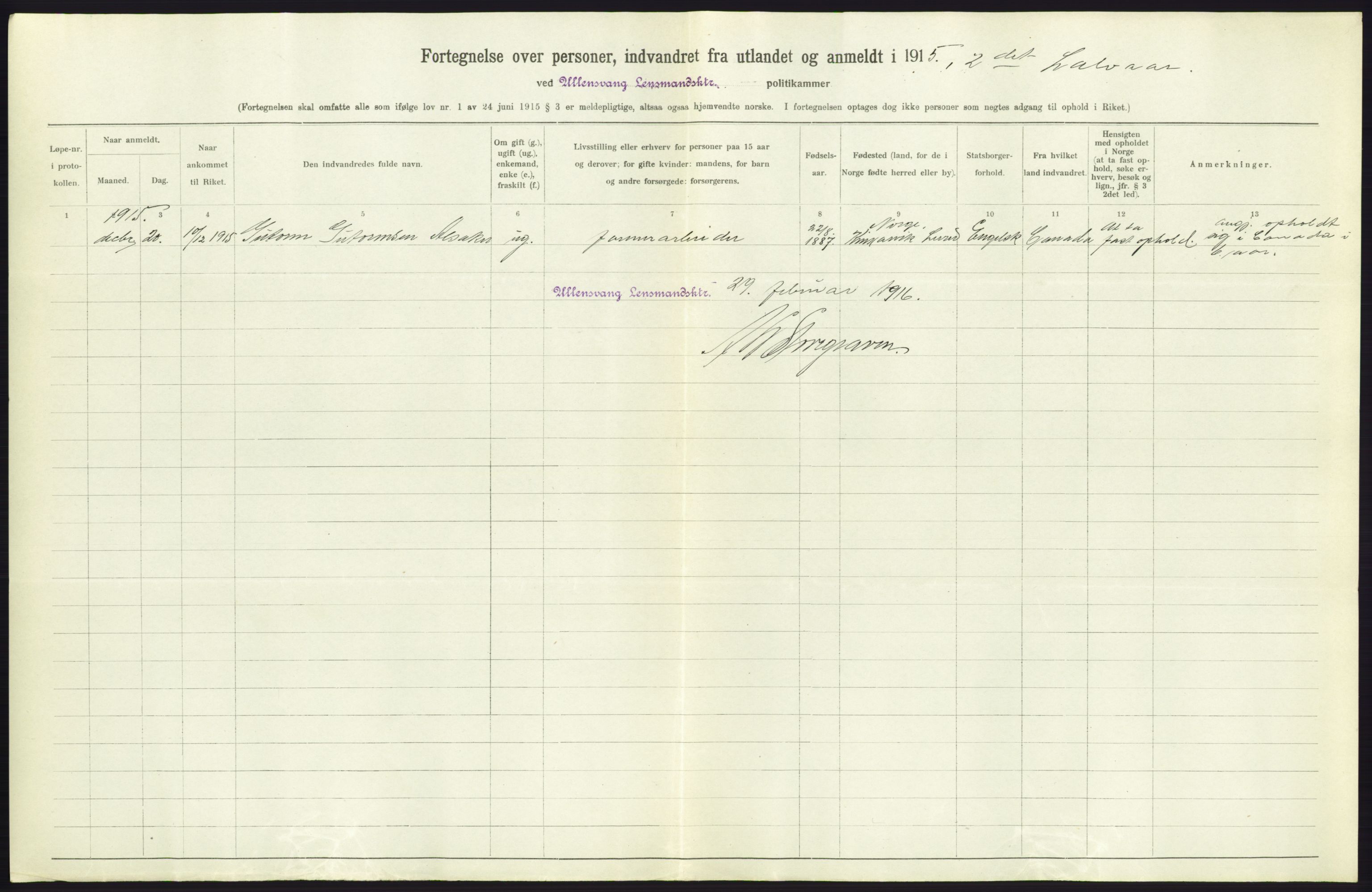 Statistisk sentralbyrå, Sosioøkonomiske emner, Folketellinger, boliger og boforhold, AV/RA-S-2231/F/Fa/L0001: Innvandring. Navn/fylkesvis, 1915, p. 434