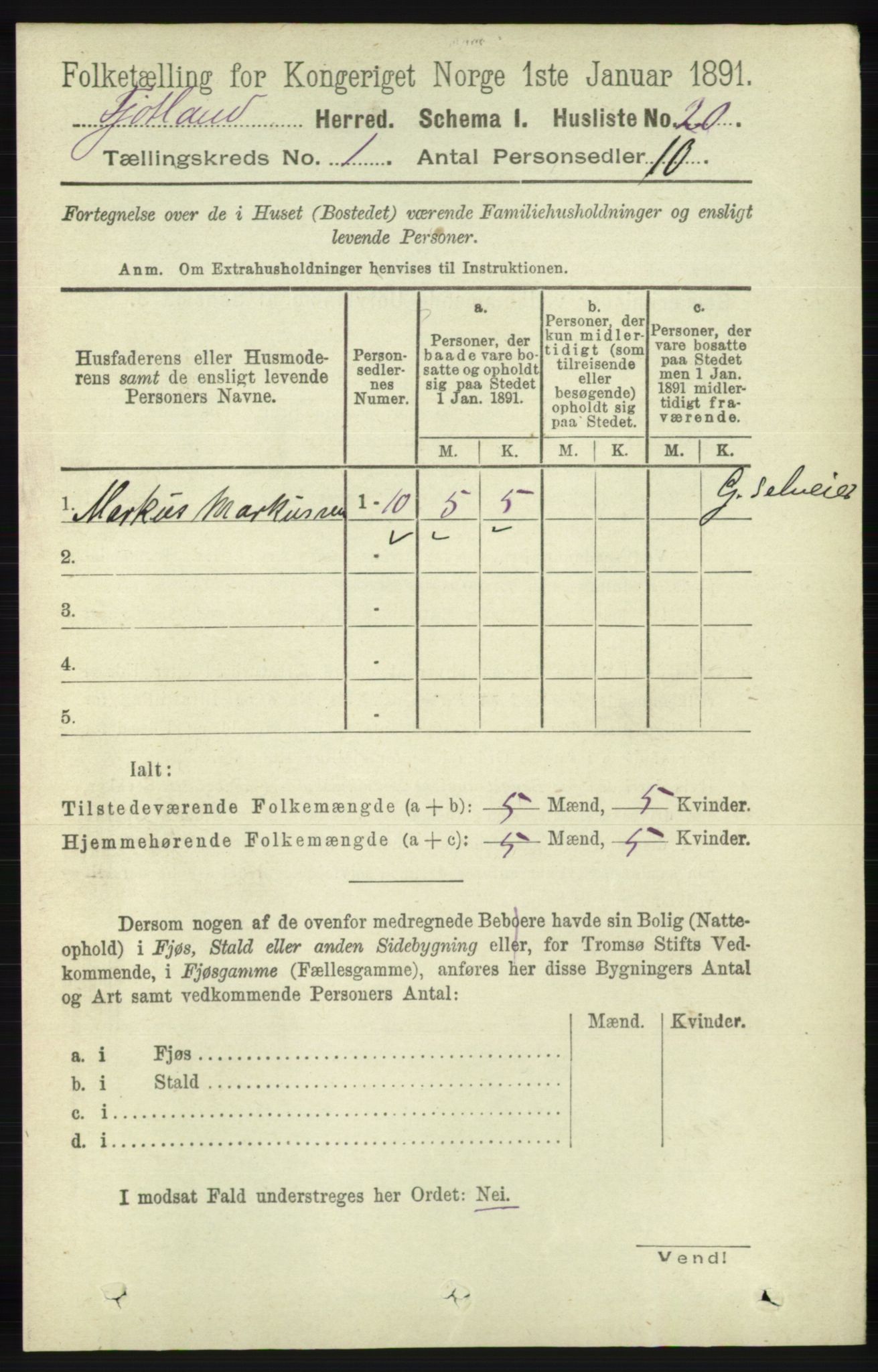 RA, 1891 census for 1036 Fjotland, 1891, p. 44