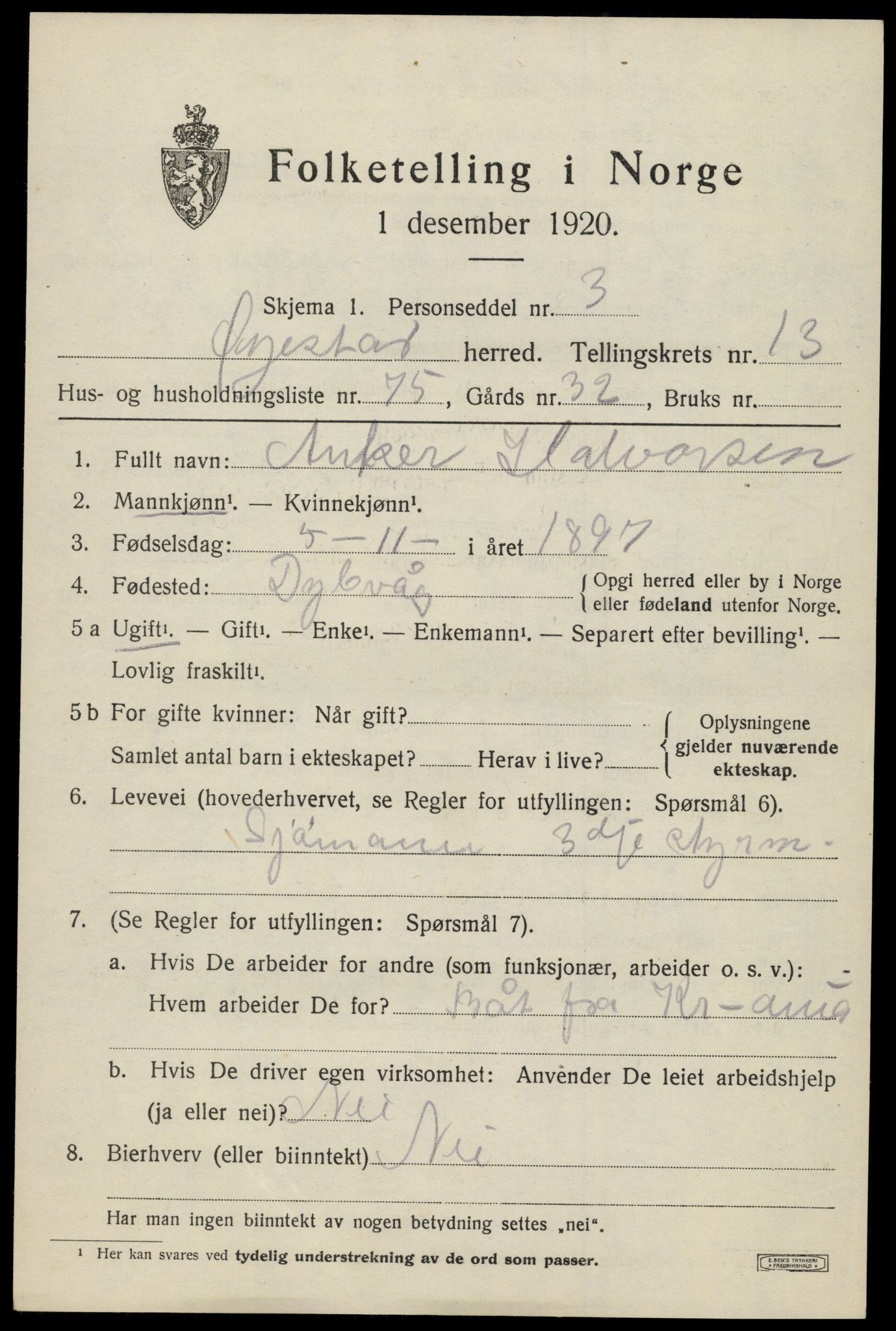 SAK, 1920 census for Øyestad, 1920, p. 8910