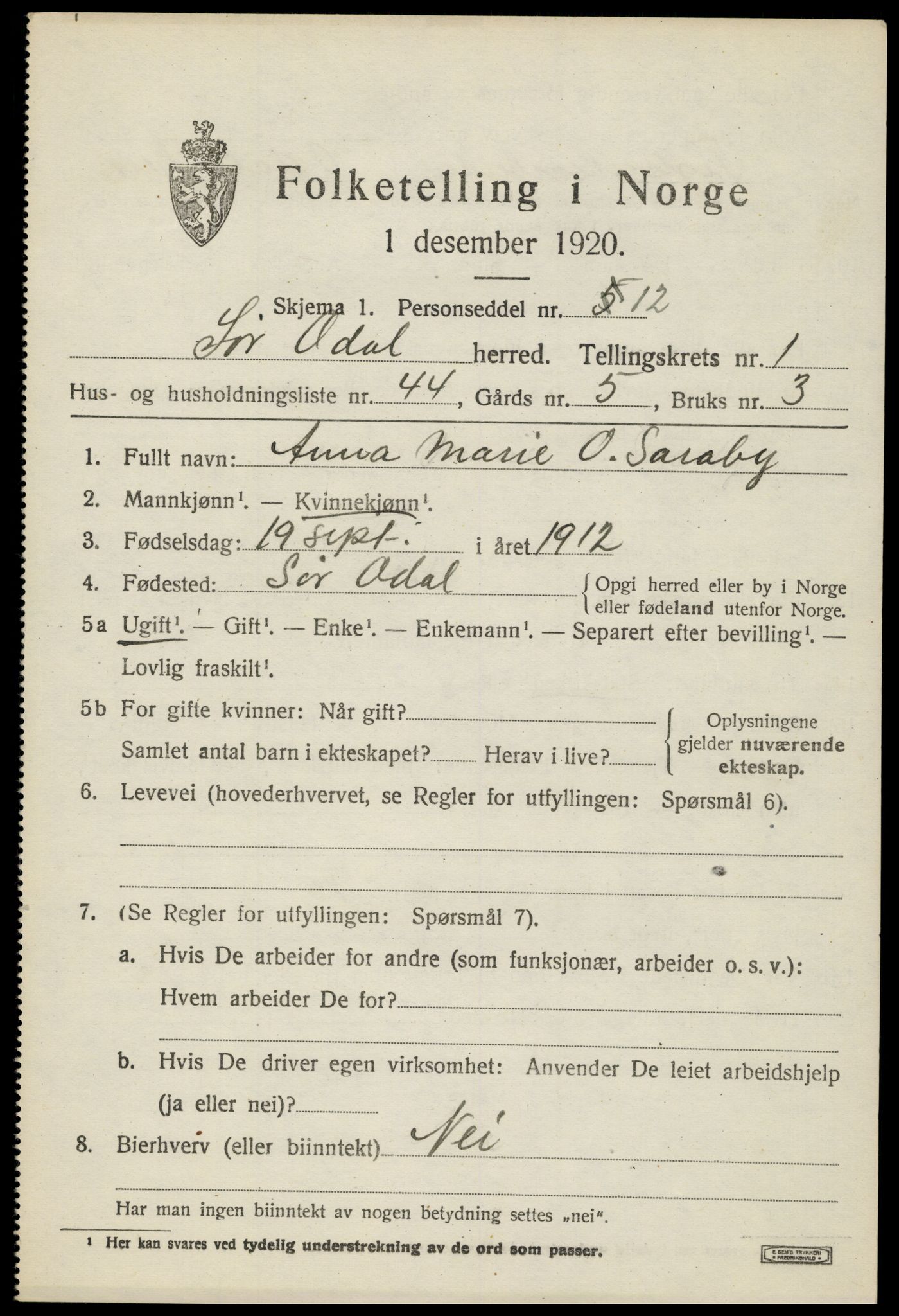 SAH, 1920 census for Sør-Odal, 1920, p. 2981