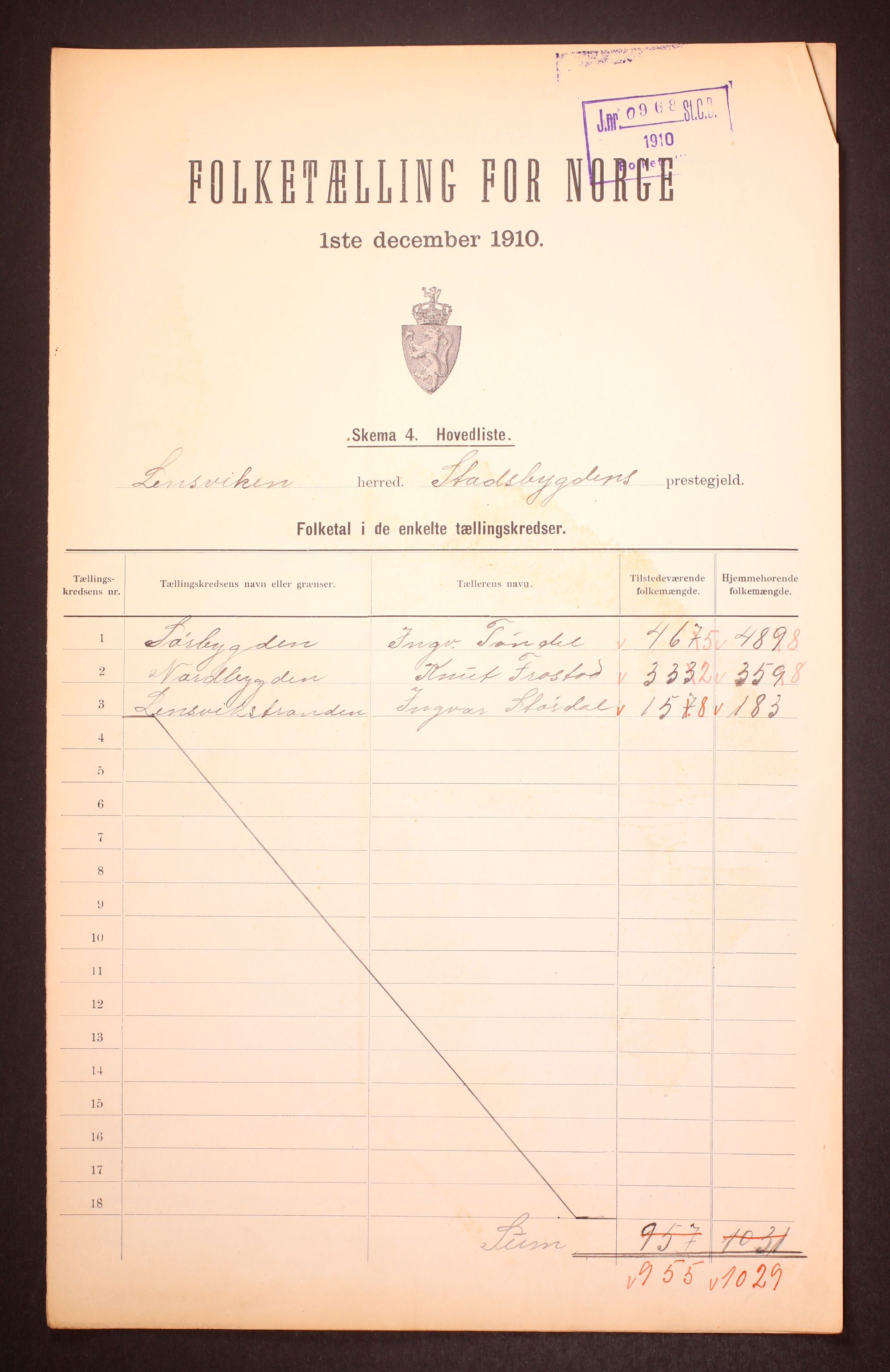 RA, 1910 census for Lensvik, 1910, p. 2