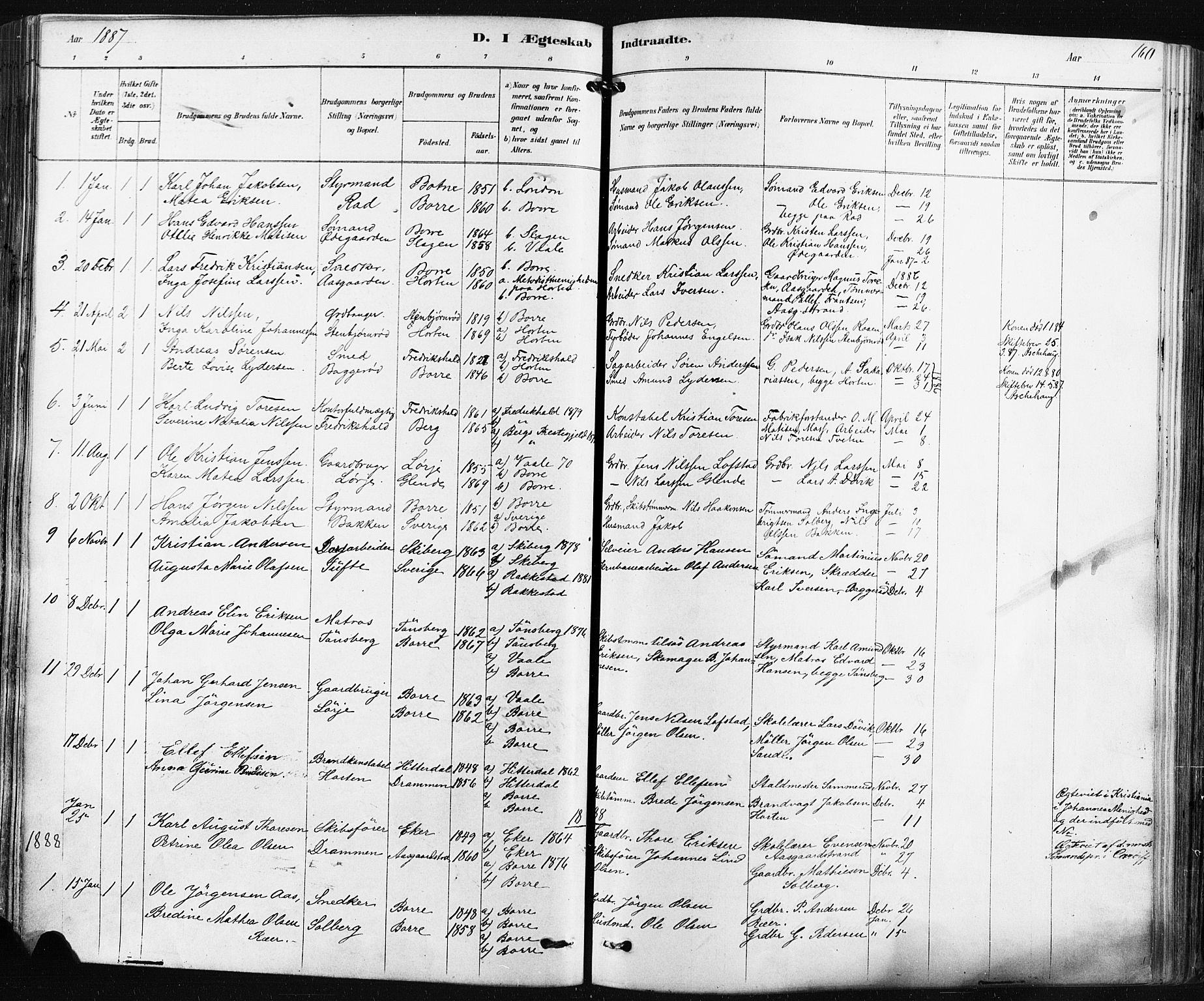 Borre kirkebøker, SAKO/A-338/F/Fa/L0009: Parish register (official) no. I 9, 1878-1896, p. 160