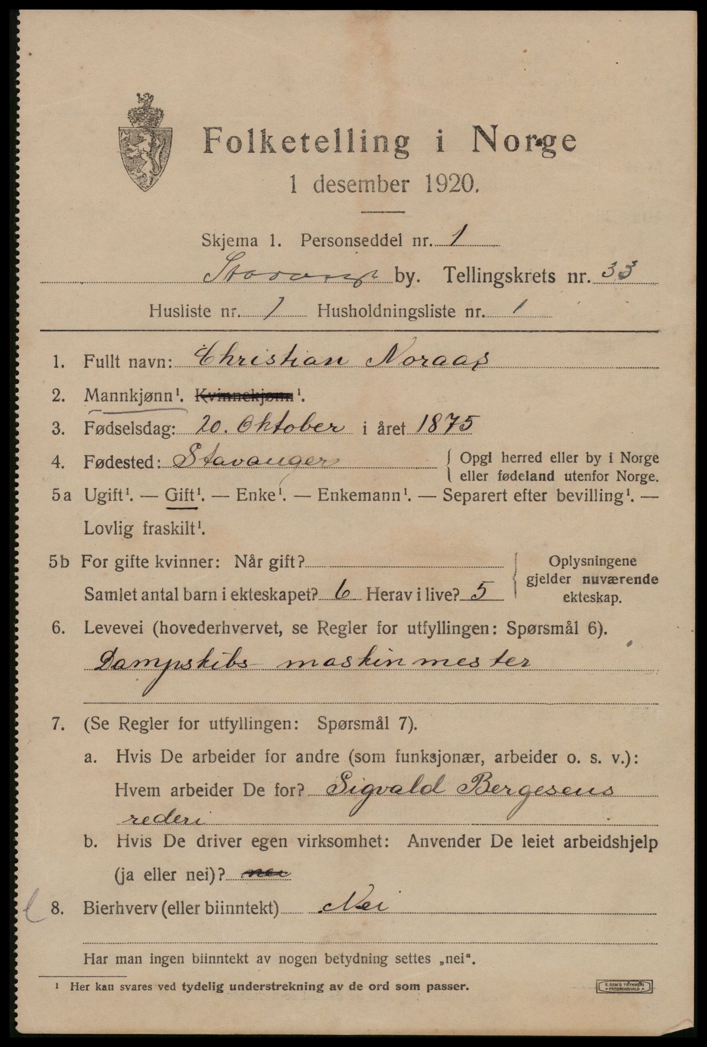 SAST, 1920 census for Stavanger, 1920, p. 90700