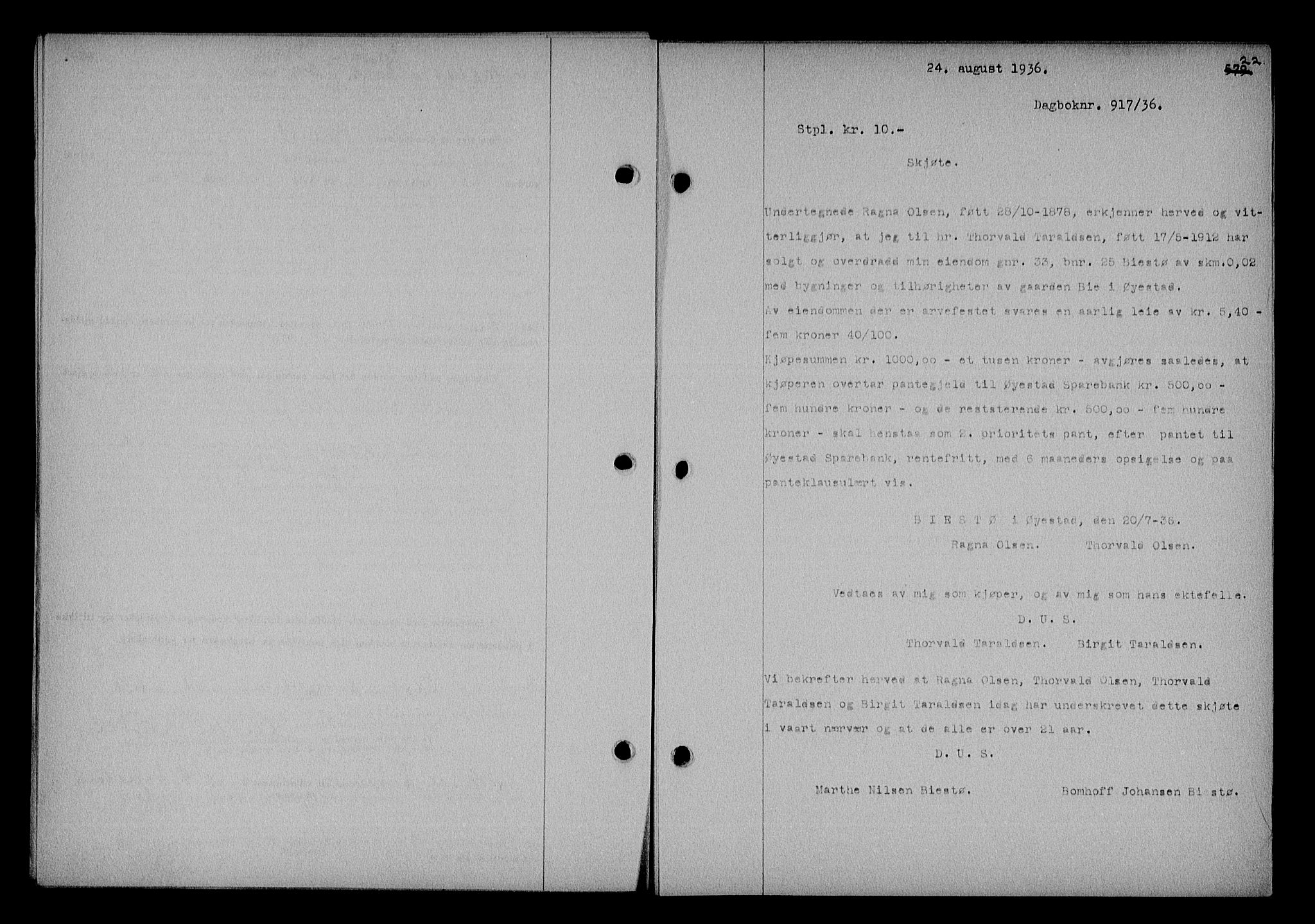 Nedenes sorenskriveri, SAK/1221-0006/G/Gb/Gba/L0043: Mortgage book no. 39, 1936-1937, Diary no: : 917/1936