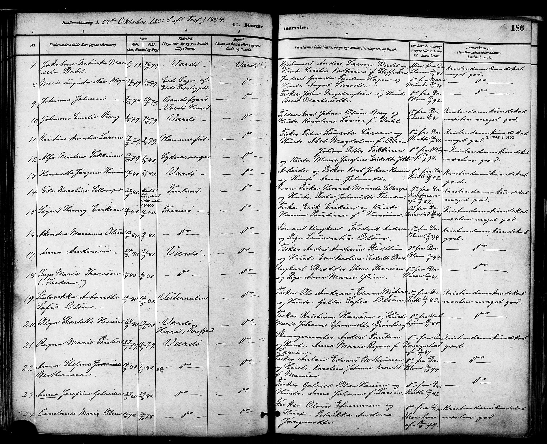 Vardø sokneprestkontor, AV/SATØ-S-1332/H/Ha/L0007kirke: Parish register (official) no. 7, 1886-1897, p. 186