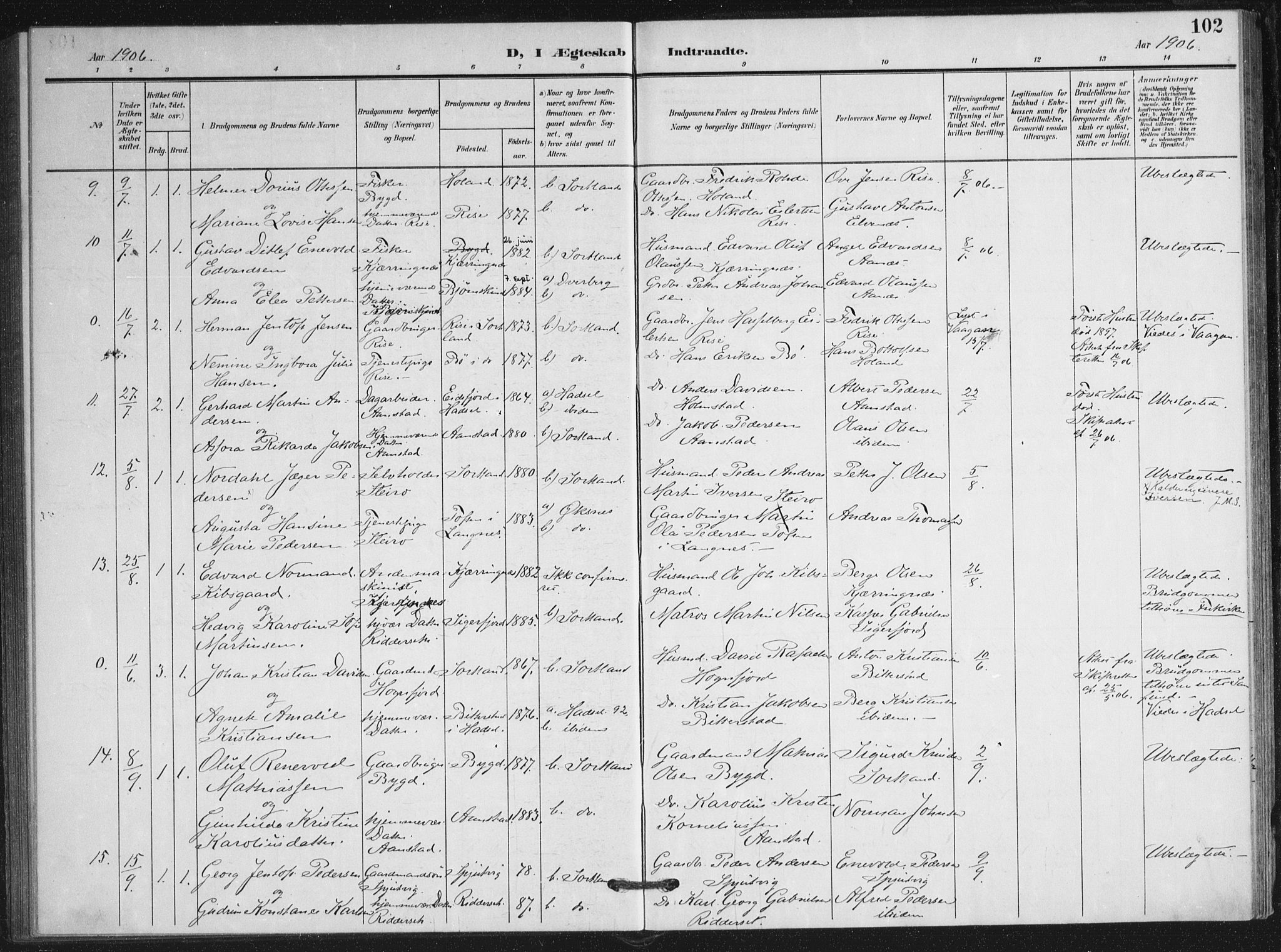 Ministerialprotokoller, klokkerbøker og fødselsregistre - Nordland, AV/SAT-A-1459/895/L1373: Parish register (official) no. 895A08, 1905-1915, p. 102