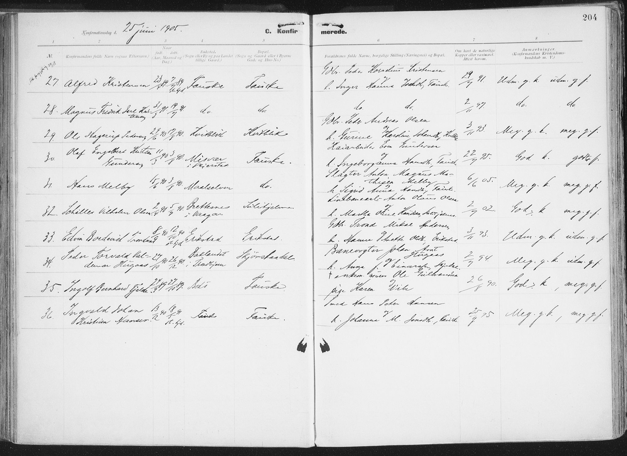 Ministerialprotokoller, klokkerbøker og fødselsregistre - Nordland, AV/SAT-A-1459/849/L0696: Parish register (official) no. 849A08, 1898-1910, p. 204