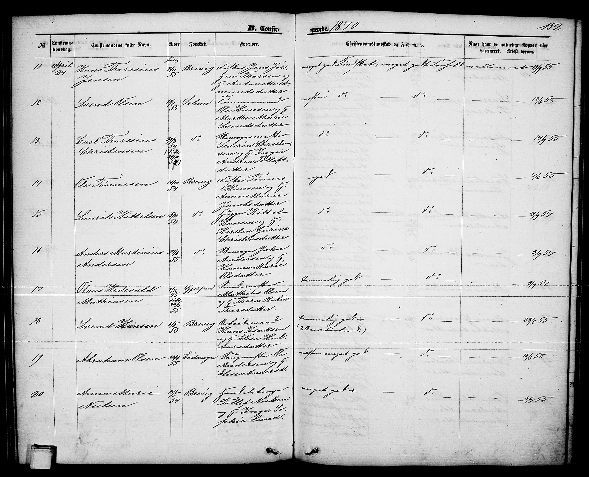 Brevik kirkebøker, SAKO/A-255/G/Ga/L0003: Parish register (copy) no. 3, 1866-1881, p. 152