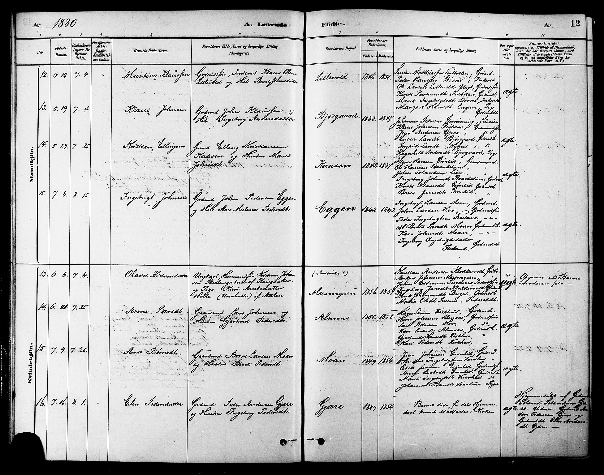 Ministerialprotokoller, klokkerbøker og fødselsregistre - Sør-Trøndelag, AV/SAT-A-1456/686/L0983: Parish register (official) no. 686A01, 1879-1890, p. 12