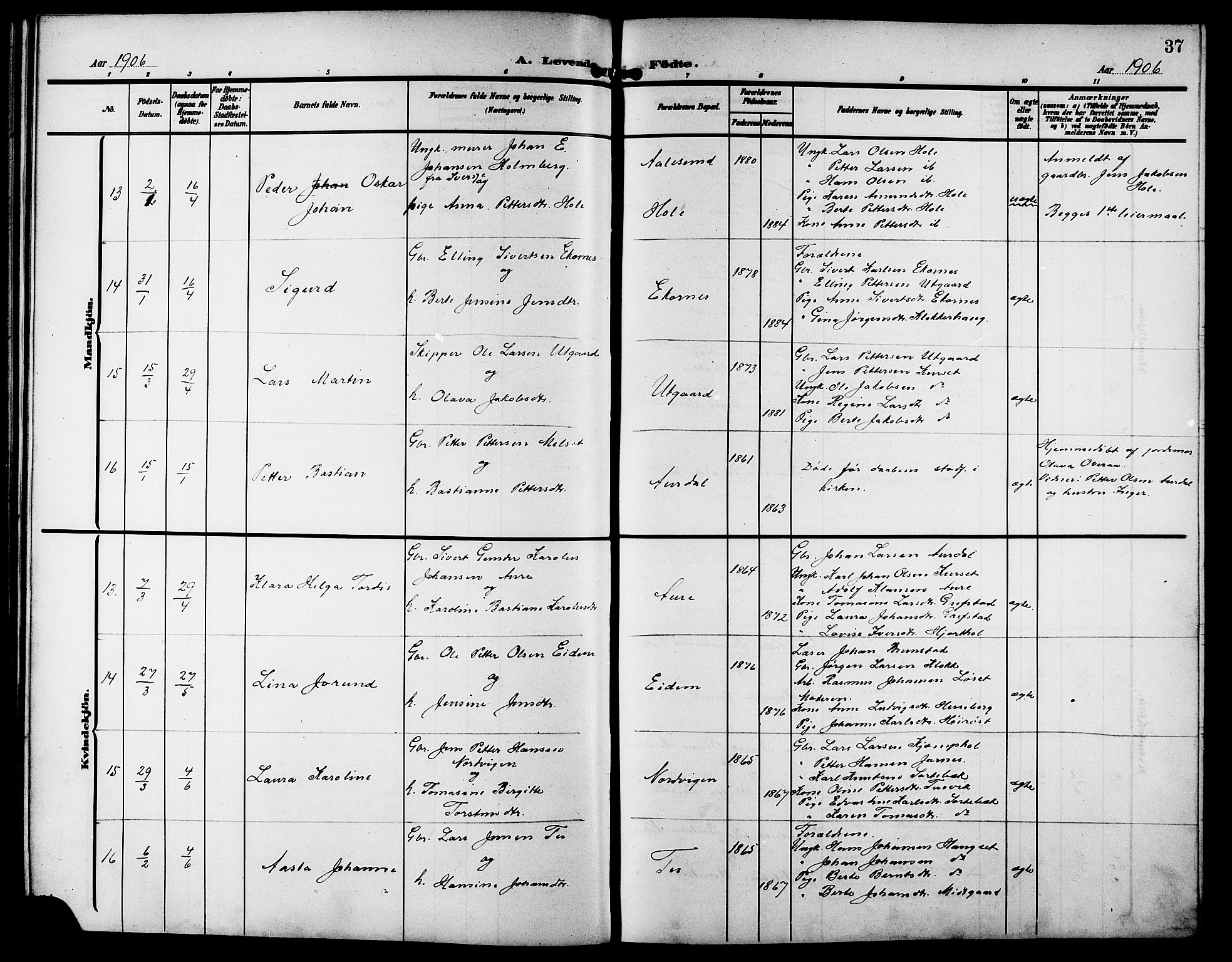 Ministerialprotokoller, klokkerbøker og fødselsregistre - Møre og Romsdal, SAT/A-1454/523/L0341: Parish register (copy) no. 523C04, 1903-1916, p. 37