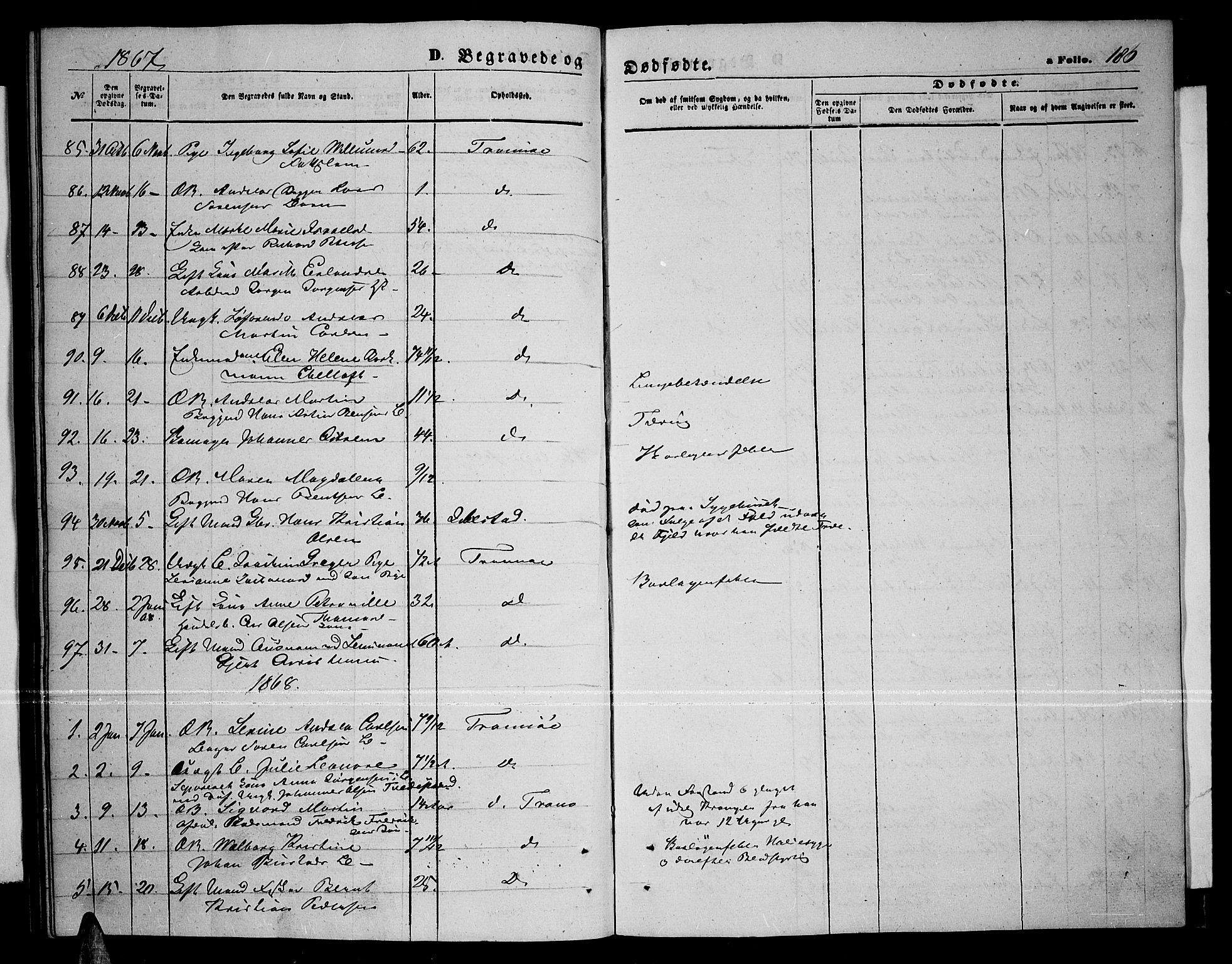 Tromsø sokneprestkontor/stiftsprosti/domprosti, AV/SATØ-S-1343/G/Gb/L0007klokker: Parish register (copy) no. 7, 1867-1875, p. 186