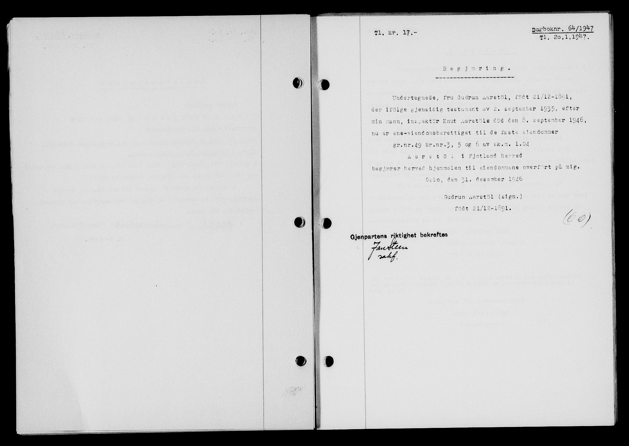 Flekkefjord sorenskriveri, SAK/1221-0001/G/Gb/Gba/L0061: Mortgage book no. A-9, 1946-1947, Diary no: : 64/1947