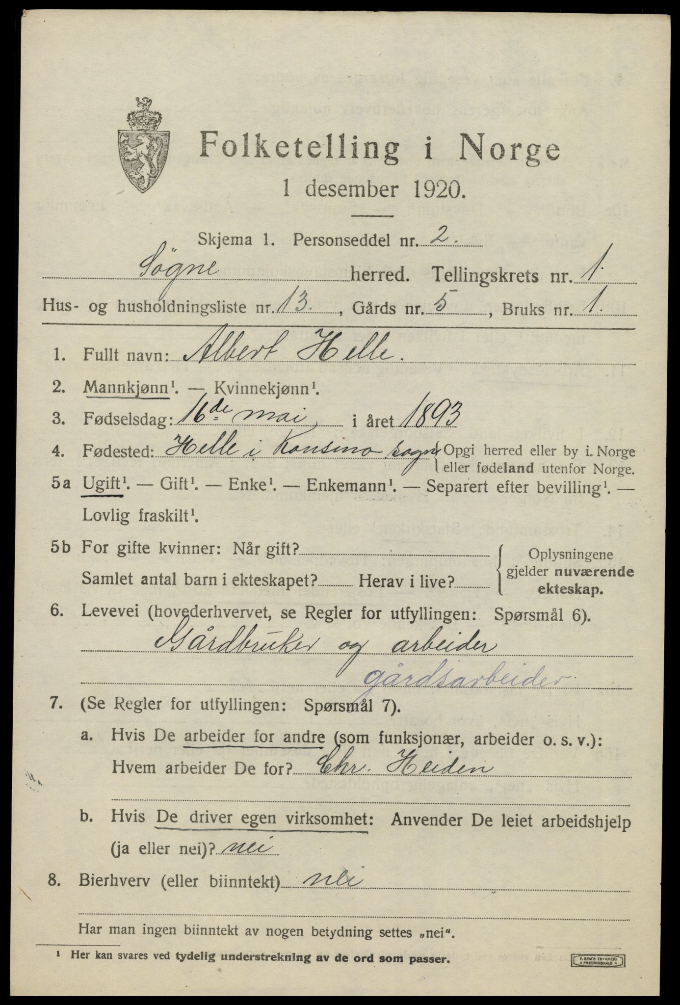 SAK, 1920 census for Søgne, 1920, p. 1449