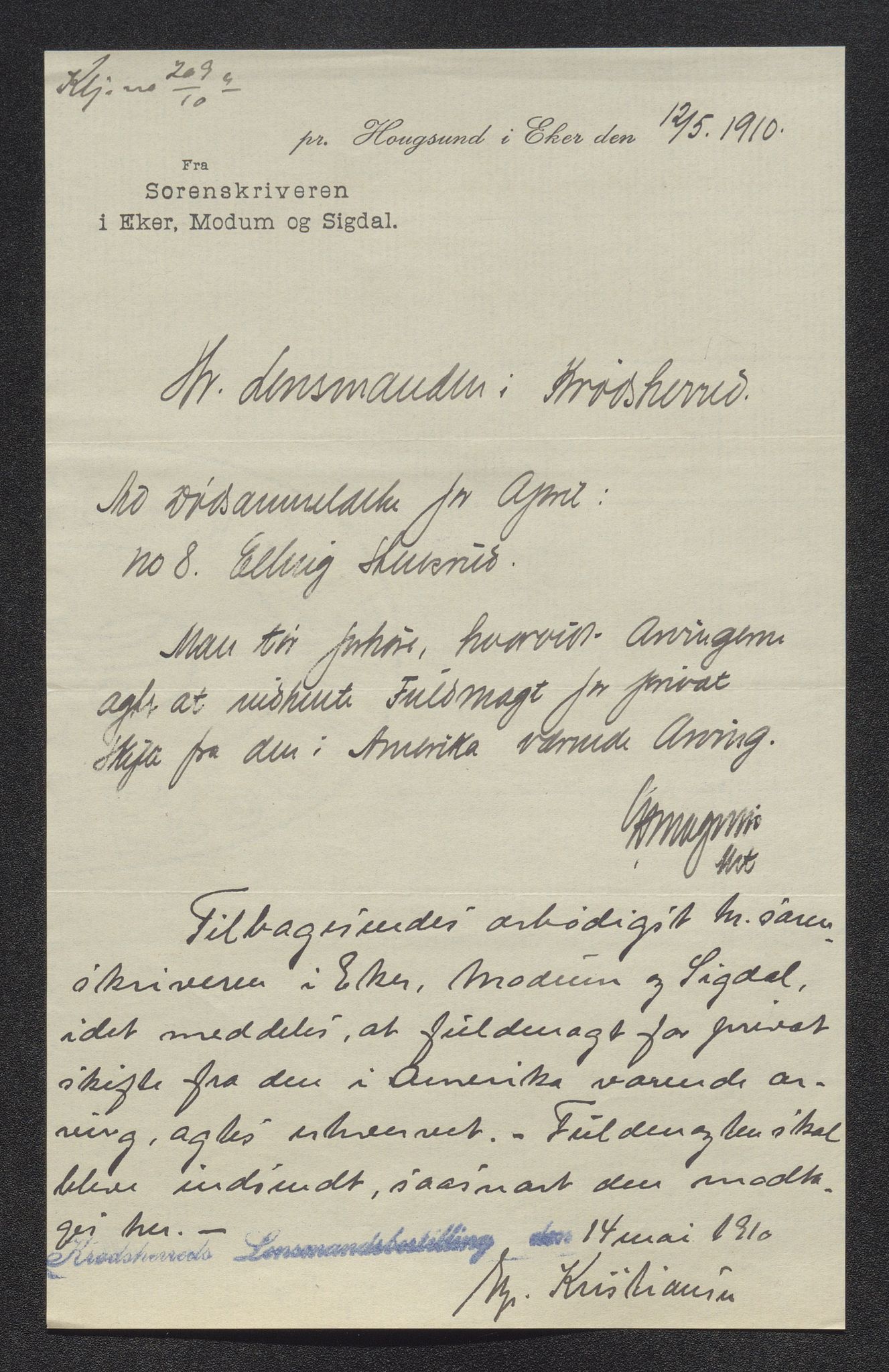 Eiker, Modum og Sigdal sorenskriveri, AV/SAKO-A-123/H/Ha/Hab/L0033: Dødsfallsmeldinger, 1909-1910, p. 724