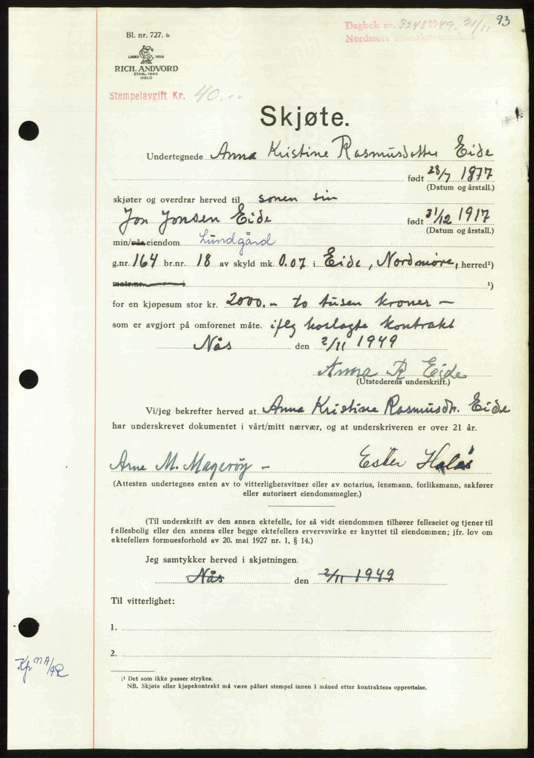 Nordmøre sorenskriveri, AV/SAT-A-4132/1/2/2Ca: Mortgage book no. A113, 1949-1950, Diary no: : 3248/1949