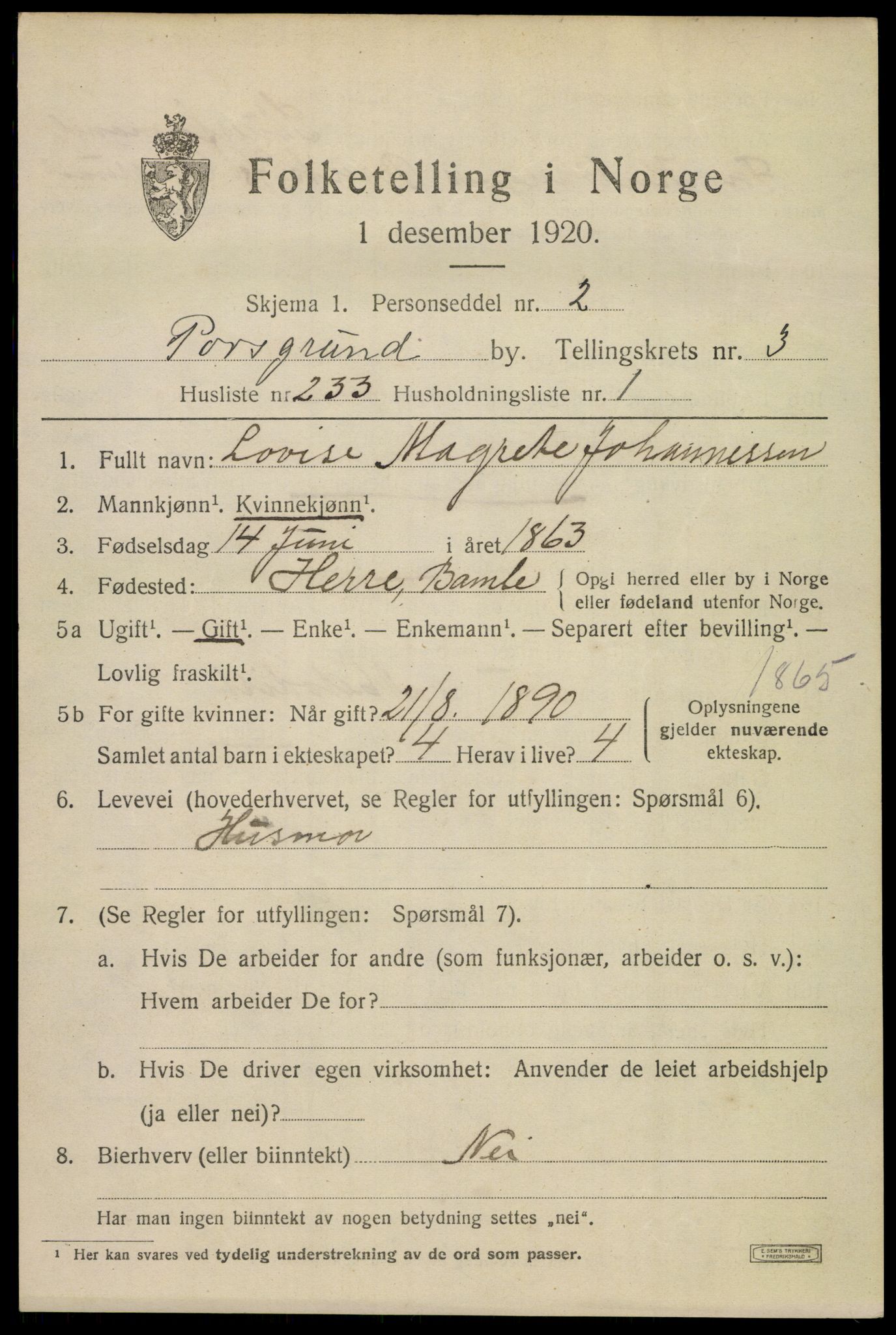 SAKO, 1920 census for Porsgrunn, 1920, p. 17377