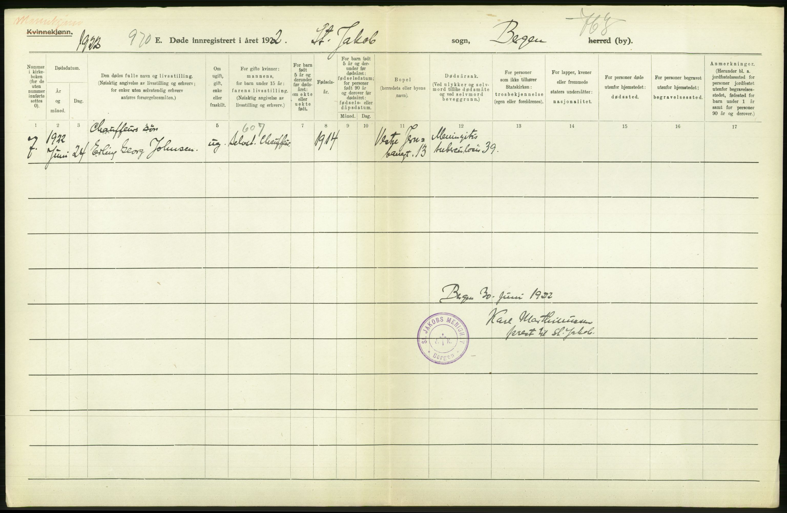 Statistisk sentralbyrå, Sosiodemografiske emner, Befolkning, AV/RA-S-2228/D/Df/Dfc/Dfcb/L0030: Bergen: Gifte, døde, dødfødte., 1922, p. 448