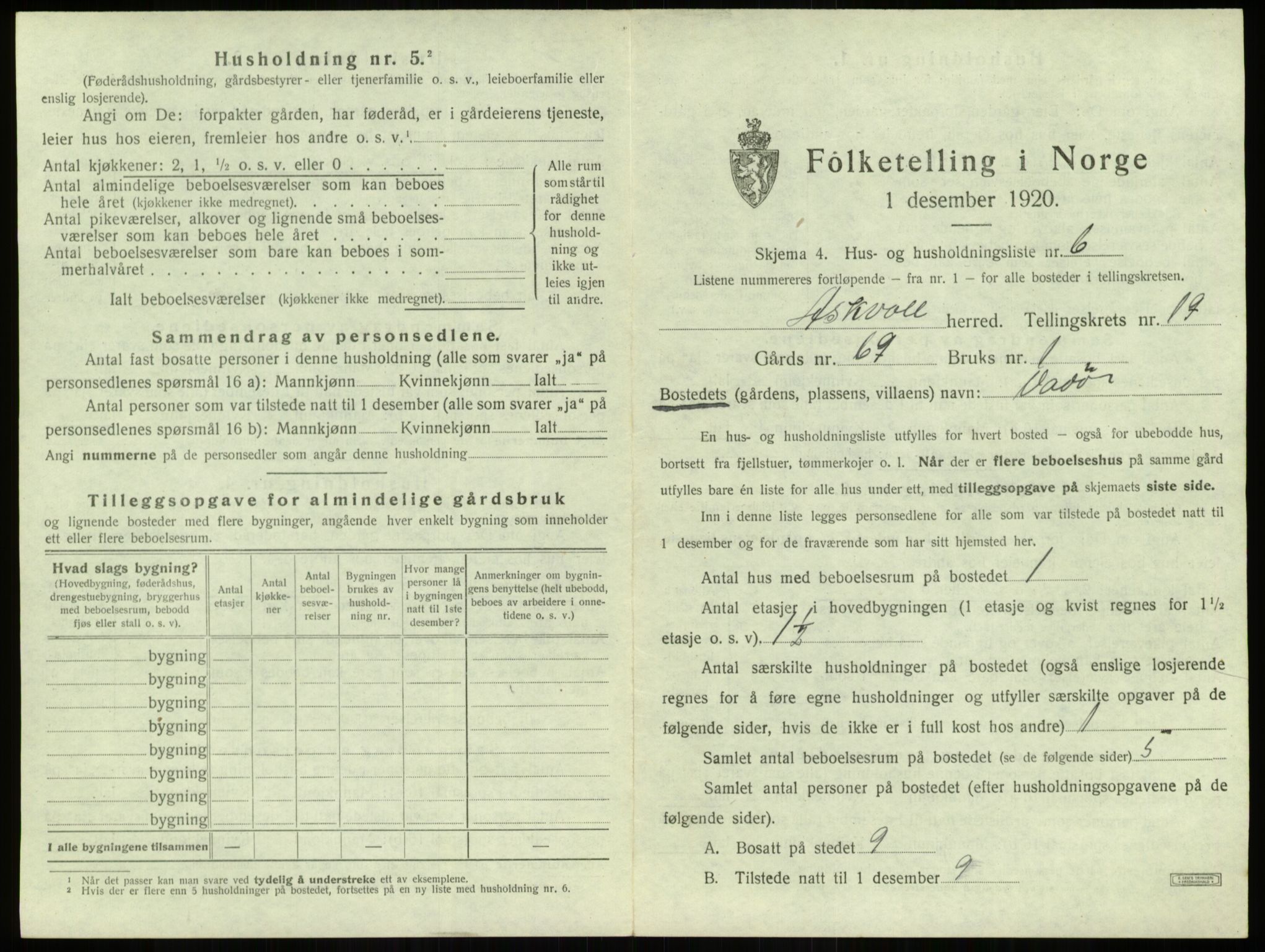 SAB, 1920 census for Askvoll, 1920, p. 1038