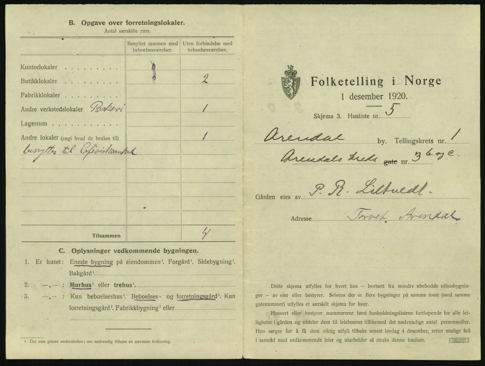 SAK, 1920 census for Arendal, 1920, p. 92