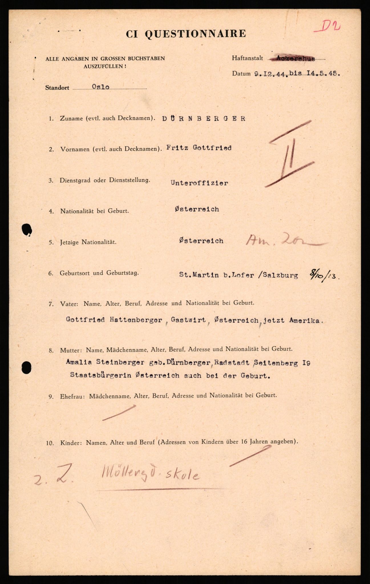 Forsvaret, Forsvarets overkommando II, AV/RA-RAFA-3915/D/Db/L0038: CI Questionaires. Tyske okkupasjonsstyrker i Norge. Østerrikere., 1945-1946, p. 250