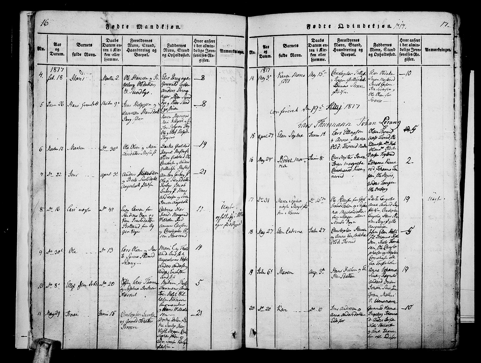 Hof kirkebøker, AV/SAKO-A-64/F/Fa/L0004: Parish register (official) no. I 4, 1814-1843, p. 16-17