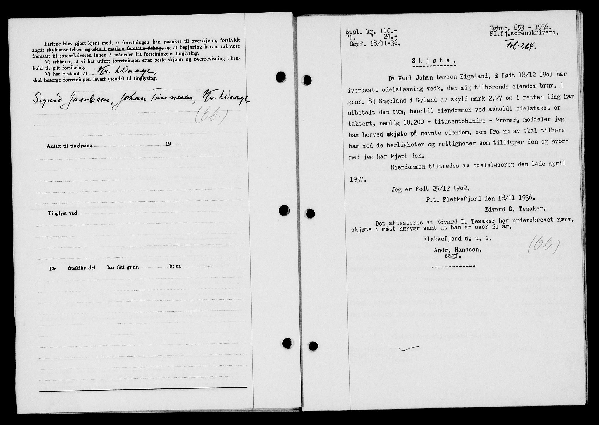 Flekkefjord sorenskriveri, SAK/1221-0001/G/Gb/Gba/L0053: Mortgage book no. A-1, 1936-1937, Diary no: : 653/1936