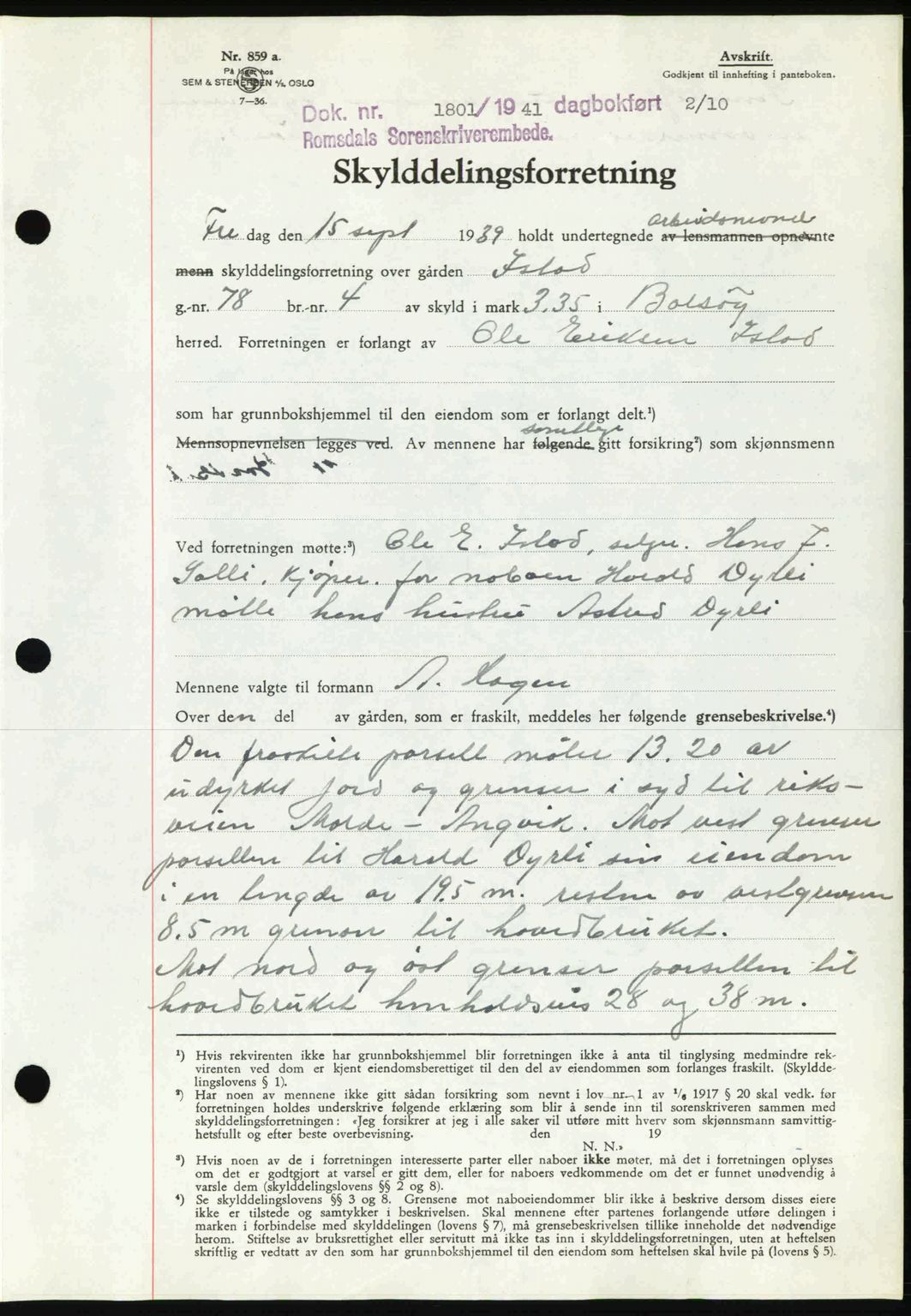 Romsdal sorenskriveri, AV/SAT-A-4149/1/2/2C: Mortgage book no. A11, 1941-1942, Diary no: : 1801/1941