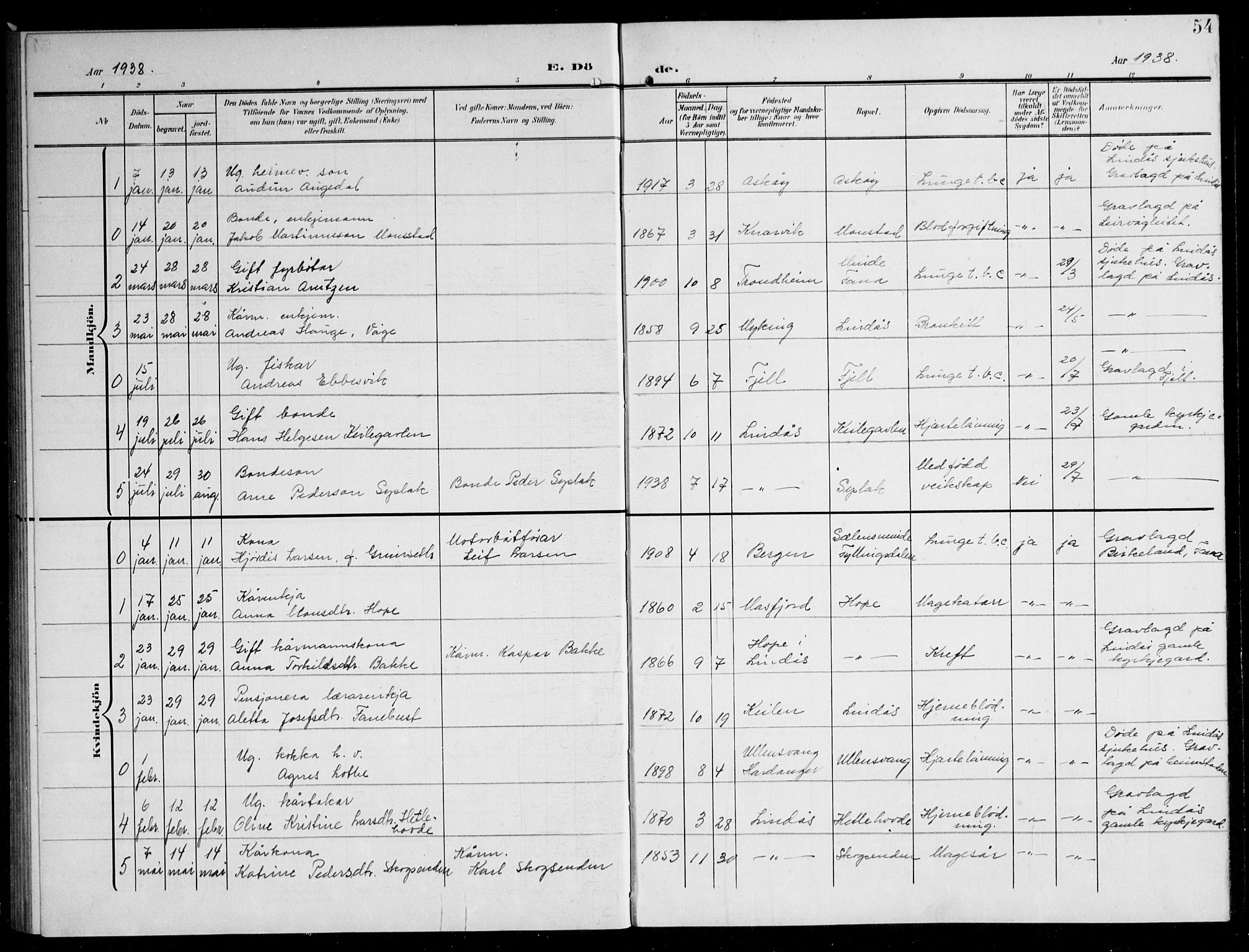 Lindås Sokneprestembete, SAB/A-76701/H/Hab: Parish register (copy) no. B 6, 1906-1944, p. 54