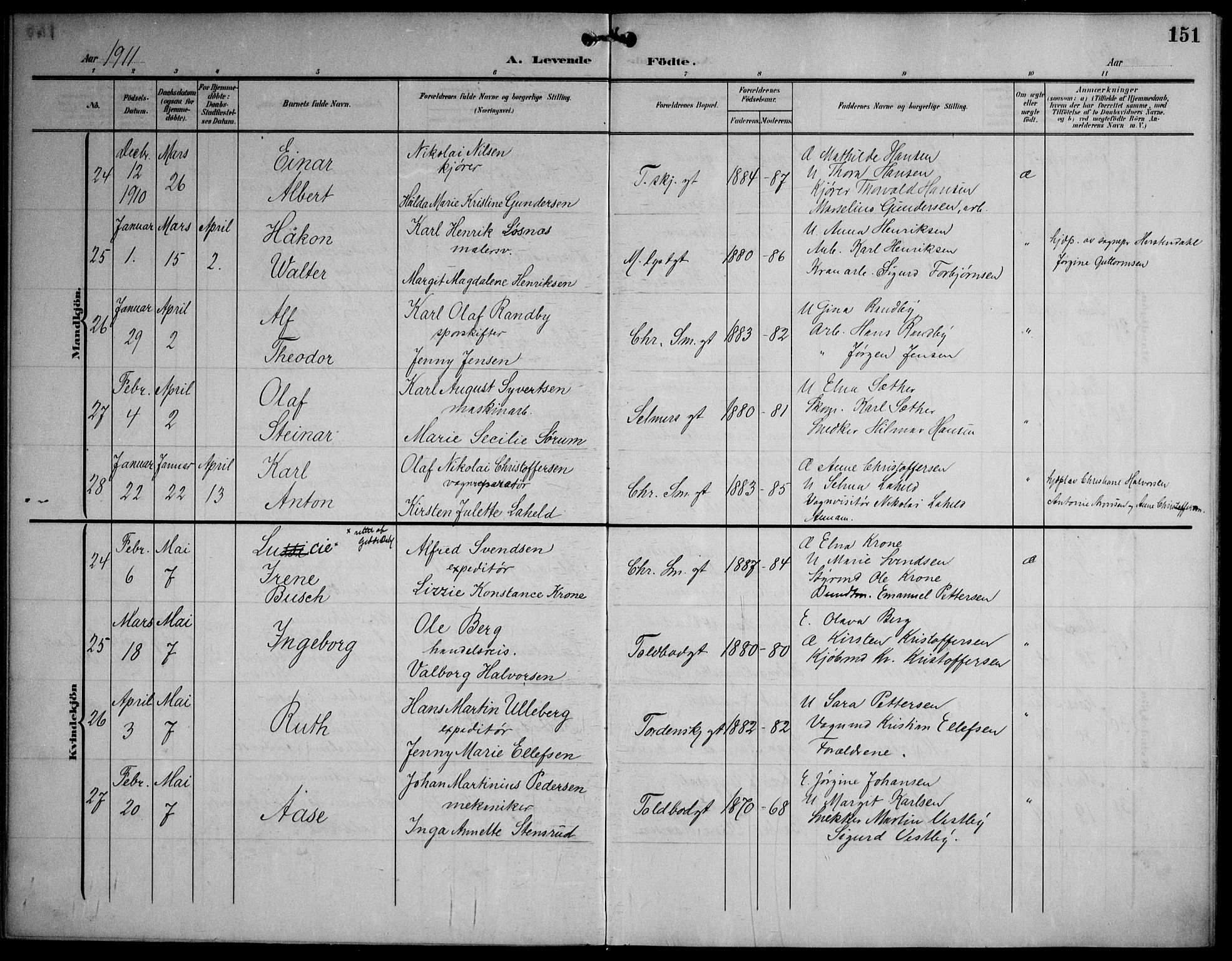 Strømsø kirkebøker, AV/SAKO-A-246/F/Fa/L0026: Parish register (official) no. I 26, 1905-1914, p. 151