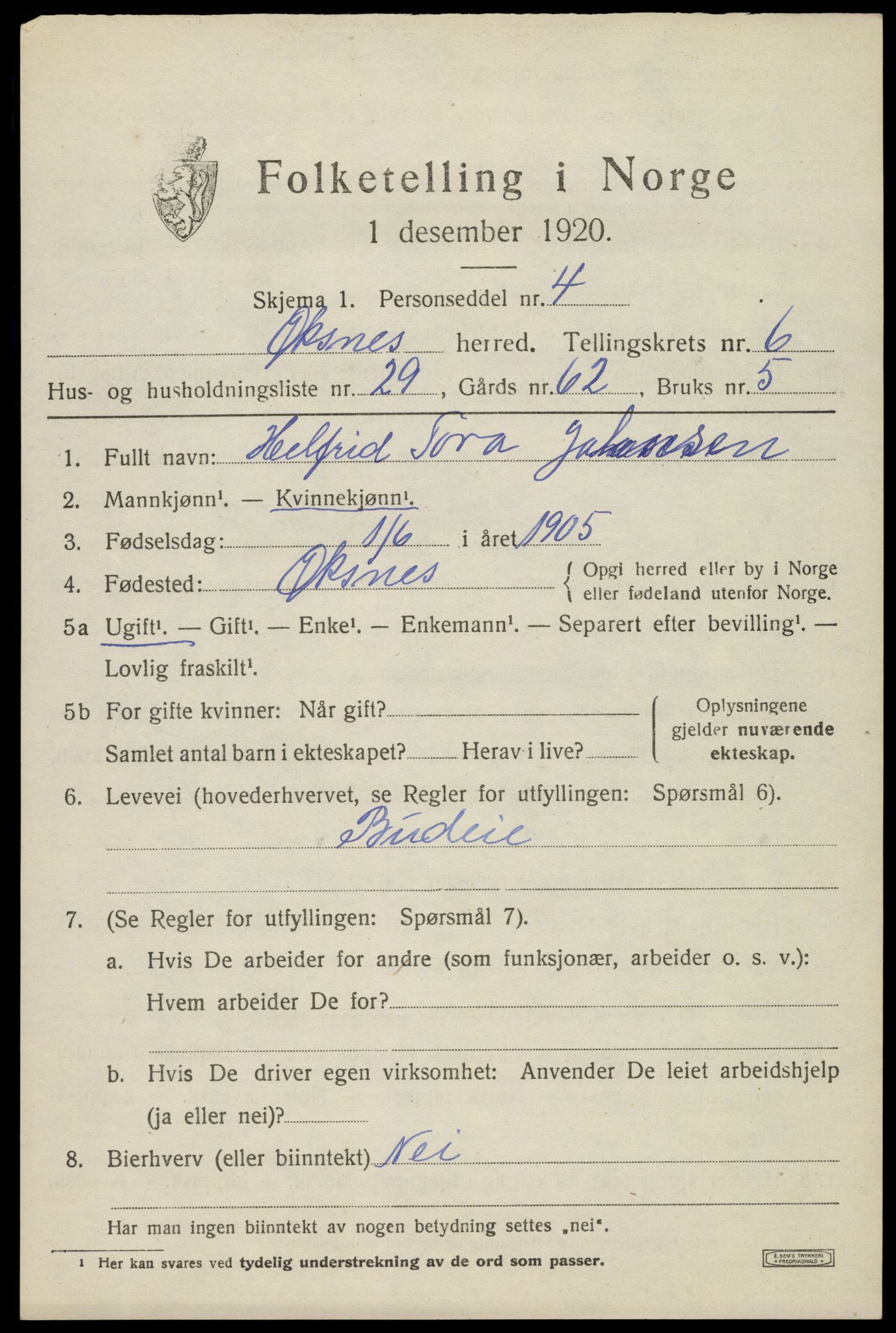 SAT, 1920 census for Øksnes, 1920, p. 5304